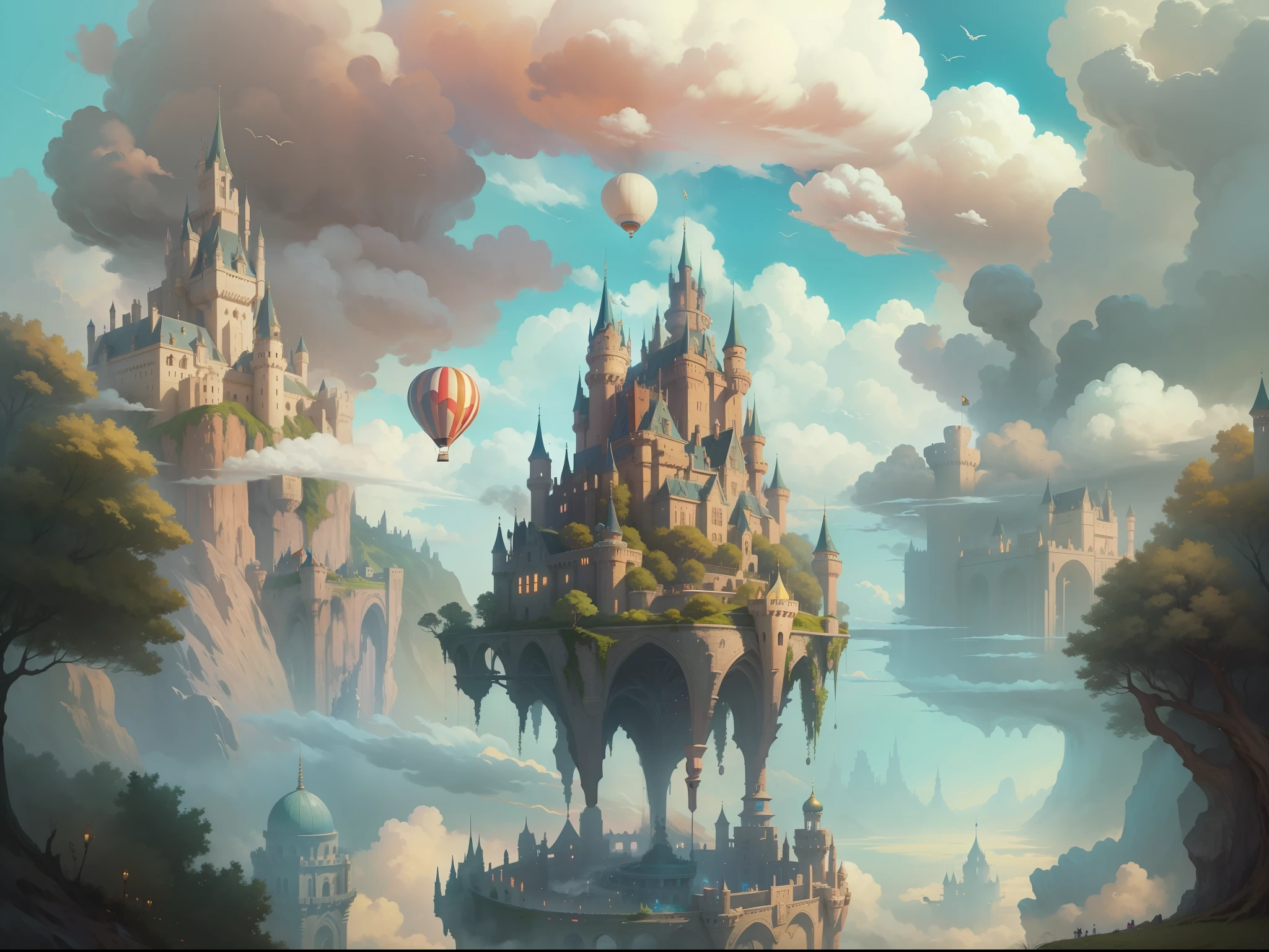 There is a castle in the sky，A balloon flew over it, flying cloud castle, an immense floating castle, flying castle, Cloud Palace, palace floating in the sky, high fantasy castle, magical fantasy 2 d concept art, castle in the sky style, high detailed official artwork, fantasy concept art, Fantasy castle, final fantasy vll world concept