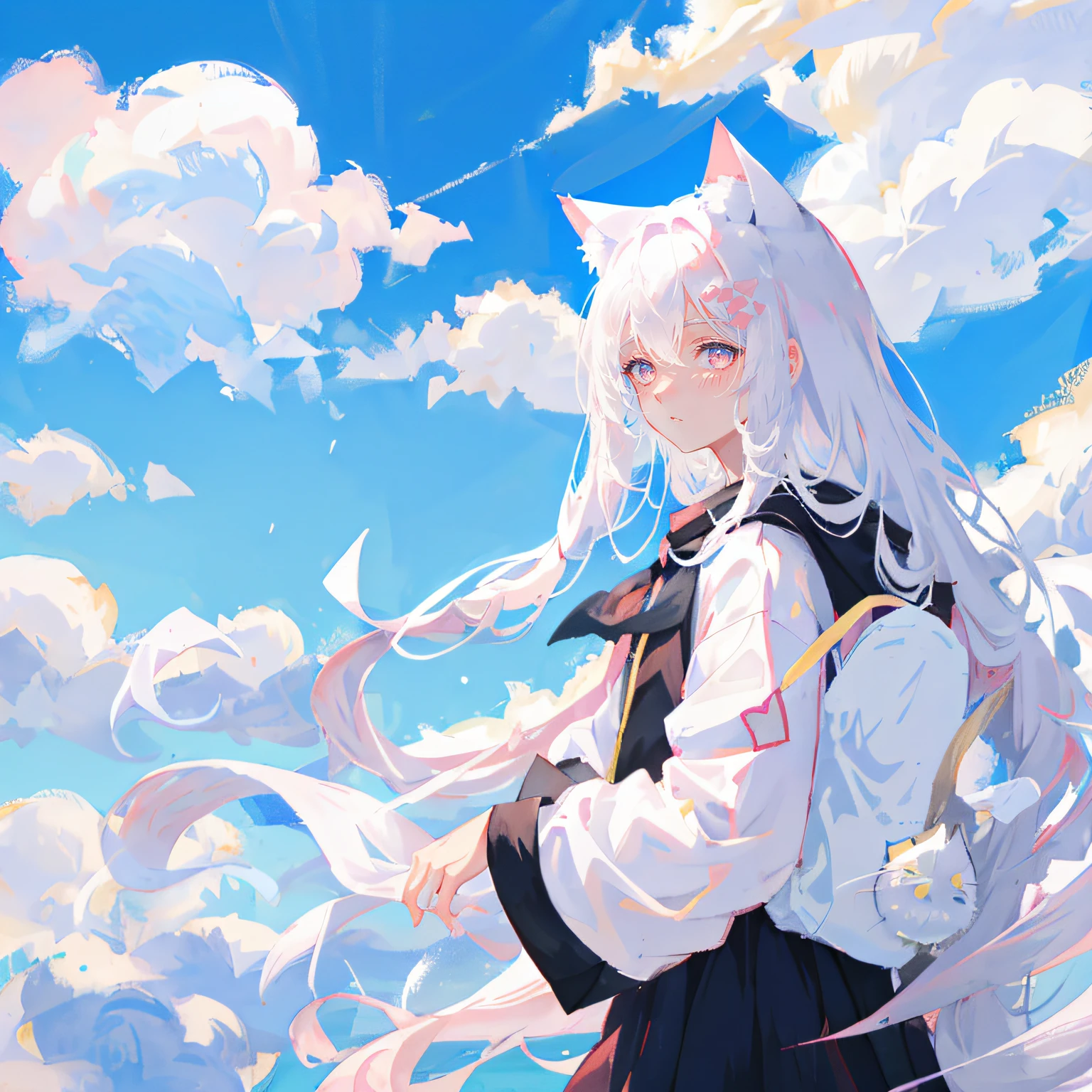 one-girl, White color hair, cat ear, Pink eyes, long whitr hair, blue open sky, A hint of cloud