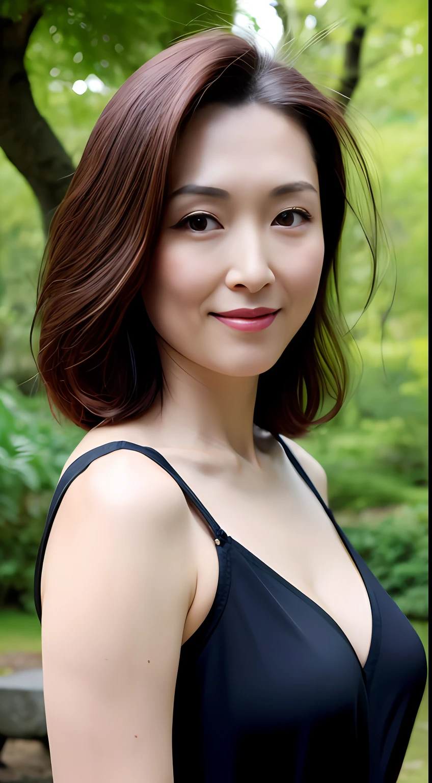 Dark brown hair, light brown eyes, Japan actress face, adult woman, face about 40 years old, (complex details: 1.2), (highest quality: 1.4), (ultra high definition: 1.2), ultra high resolution, (detailed eyes), (detailed facial features), HDR, 8k resolution, terrace in the woods, moderately sized breasts, wearing a thin sheer blouse shirt, bra showing through, Wearing a thin sheer tight miniskirt, buttocks, buttocks showing towards us, knees smooth, short hair, short hair,