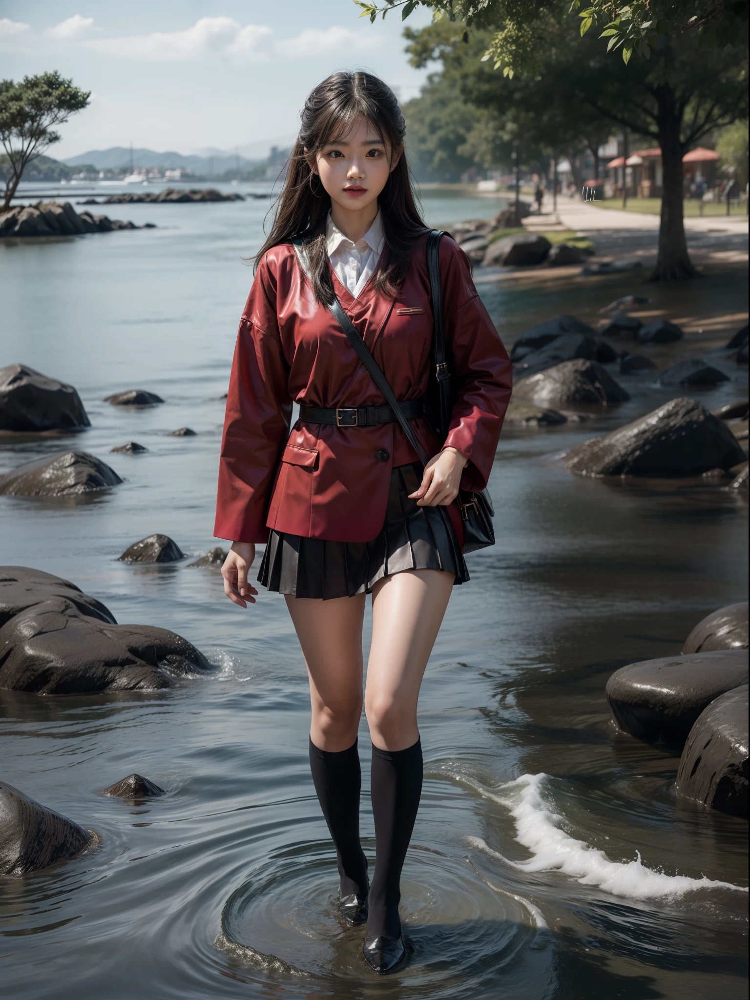 Splitting characters is prohibited,(Full body shot:1.3), Must show your face, anatomy correct, Seaside during the day,There is standing water,high-heels,Dressing stockings are mandatory, Red Japanese JK student uniform, A shallow laugh, Complex and diverse backgrounds,Strangling effect,hyper HD, Ray traching, structurally correct, Award-Awarded, high detal, lightand shade contrast, Face lighting,cinmatic lighting, tmasterpiece, super detailing, high high quality, high detal, best qualityer, 16k