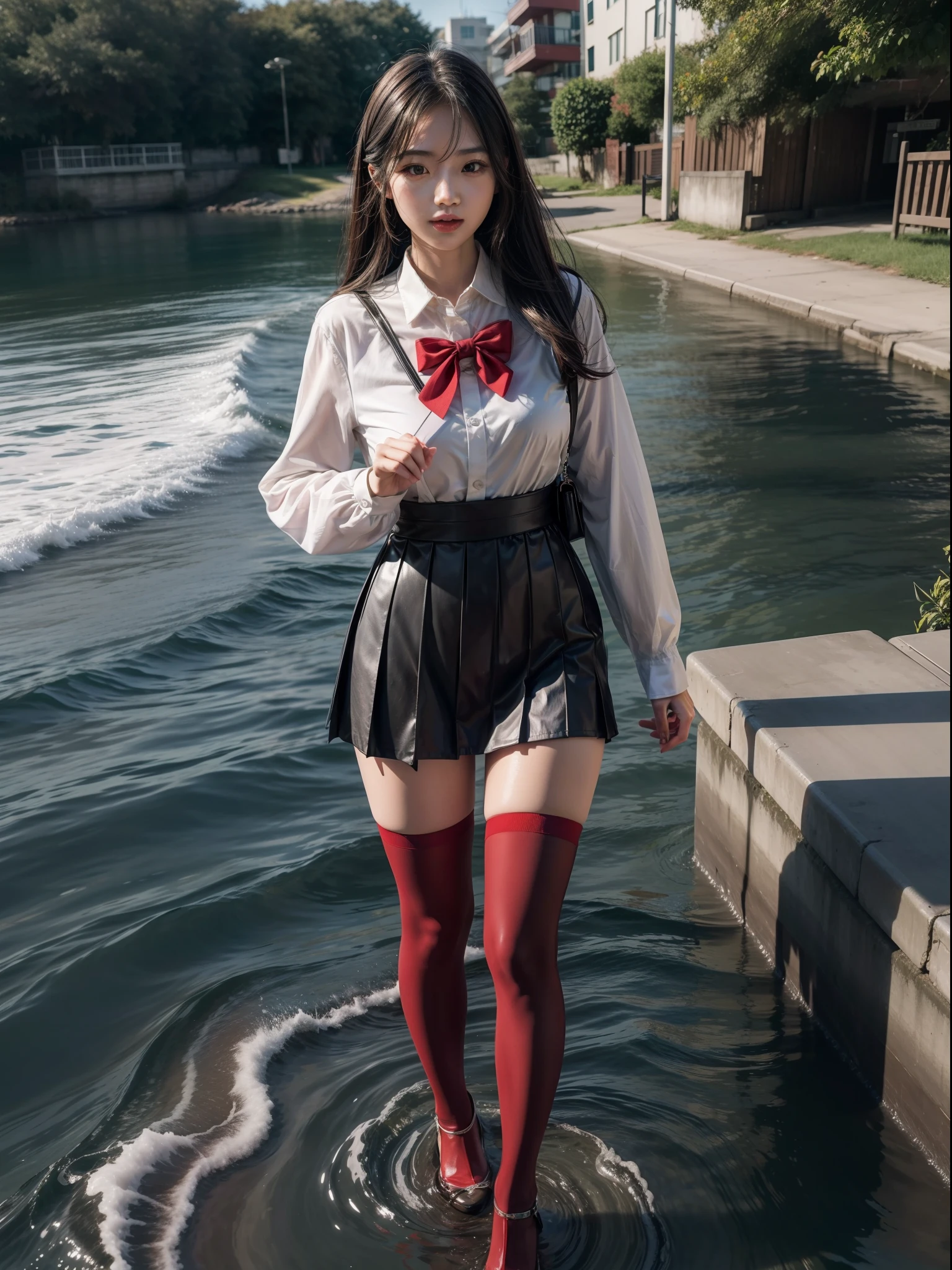 Splitting characters is prohibited,(Full body shot:1.3), Must show your face, anatomy correct, Seaside during the day,There is standing water,high-heels,Dressing stockings are mandatory, Red Japanese JK student uniform, A shallow laugh, Complex and diverse backgrounds,Strangling effect,hyper HD, Ray traching, structurally correct, Award-Awarded, high detal, lightand shade contrast, Face lighting,cinmatic lighting, tmasterpiece, super detailing, high high quality, high detal, best qualityer, 16k