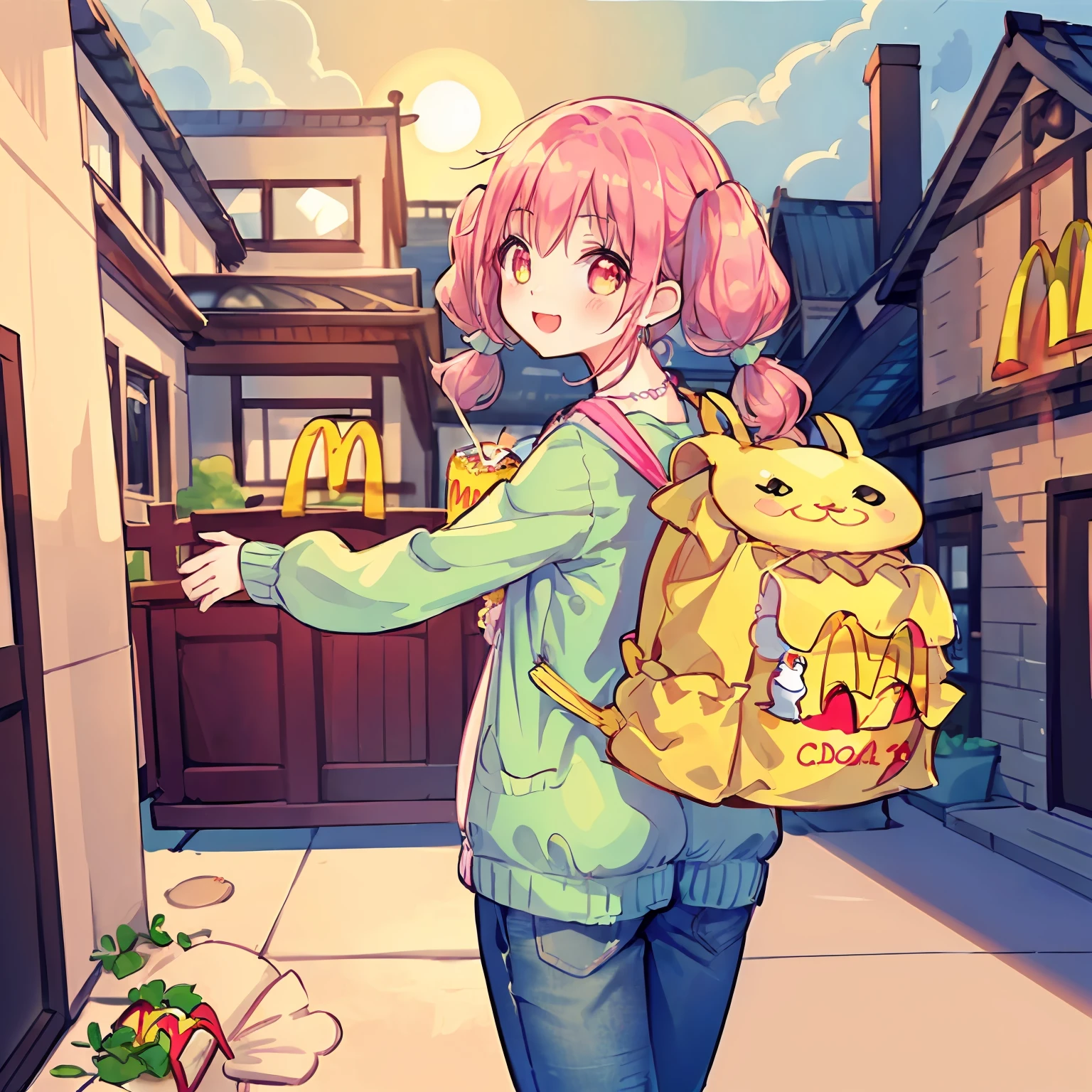 (Highly detailed CG Unity 8k wallpaper), (Best Quality), (Super Detail), (Best Illustration), (Best Shadow), POV, Realistic lighting and shading, Natural light, Lens flare effect, BREAK, 1 beautiful girl, Solo,(Cute:1.5),(Chibi:0.8), (kawaii:1.5),(Lori:0.5), BREAK, ((girl, Cute, Cheerful, Loli face, slightly bulging chest,(Pink hair,disheveled short twin tails,Golden eyes,tareme:1.2), gleaming skin, Stuffed rabbit,BREAK,(rucksack:1.2), (Longline Cardigan, Lace camisole, Flared pants:1.2), (Black rabbit ear headband:1.0), (Red shoes:1.0), (Earrings in the shape of a moon:1.1), (a necklace:1.3), (Happiness,:D:1.1), (Eat a Big Mac Burger 1.3), (McDonald's Background:1.3),(in a house:1.5),Angle from behind