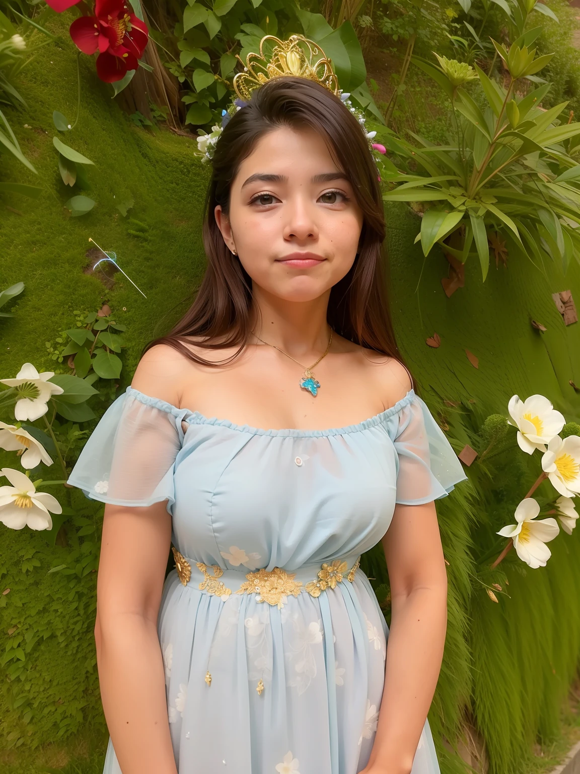 in a blue dress holding a bouquet of flowers, princesa bonita, Estilizado, usando um vestido lounge azul, rainha bonita, Senhora no vestido brilhante da flor, 1 6 anos, Linda rainha, rainha da flor, Princesa espanhola, vestido detalhado e rosto, Tiro na Hora de Ouro, tem cerca de 1 6 anos de idade, Foto tirada com Canon 5D