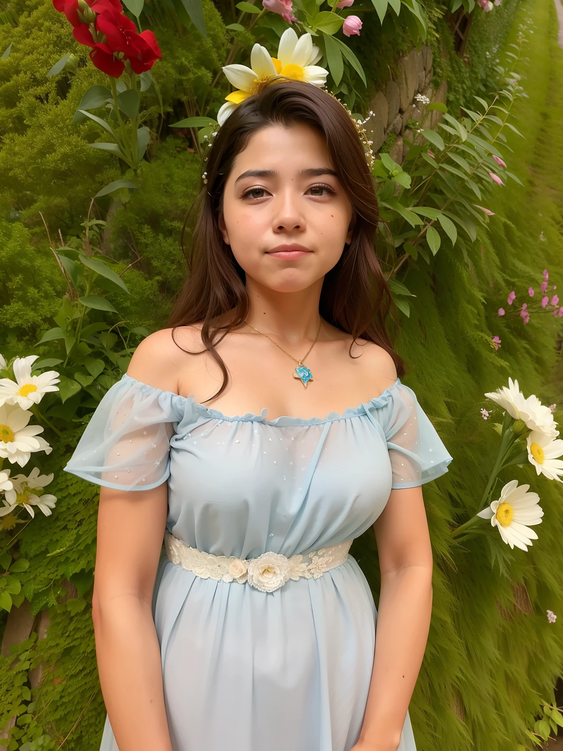 in a blue dress holding a bouquet of flowers, princesa bonita, Estilizado, usando um vestido lounge azul, rainha bonita, Senhora no vestido brilhante da flor, 1 6 anos, Linda rainha, rainha da flor, Princesa espanhola, vestido detalhado e rosto, Tiro na Hora de Ouro, tem cerca de 1 6 anos de idade, Foto tirada com Canon 5D