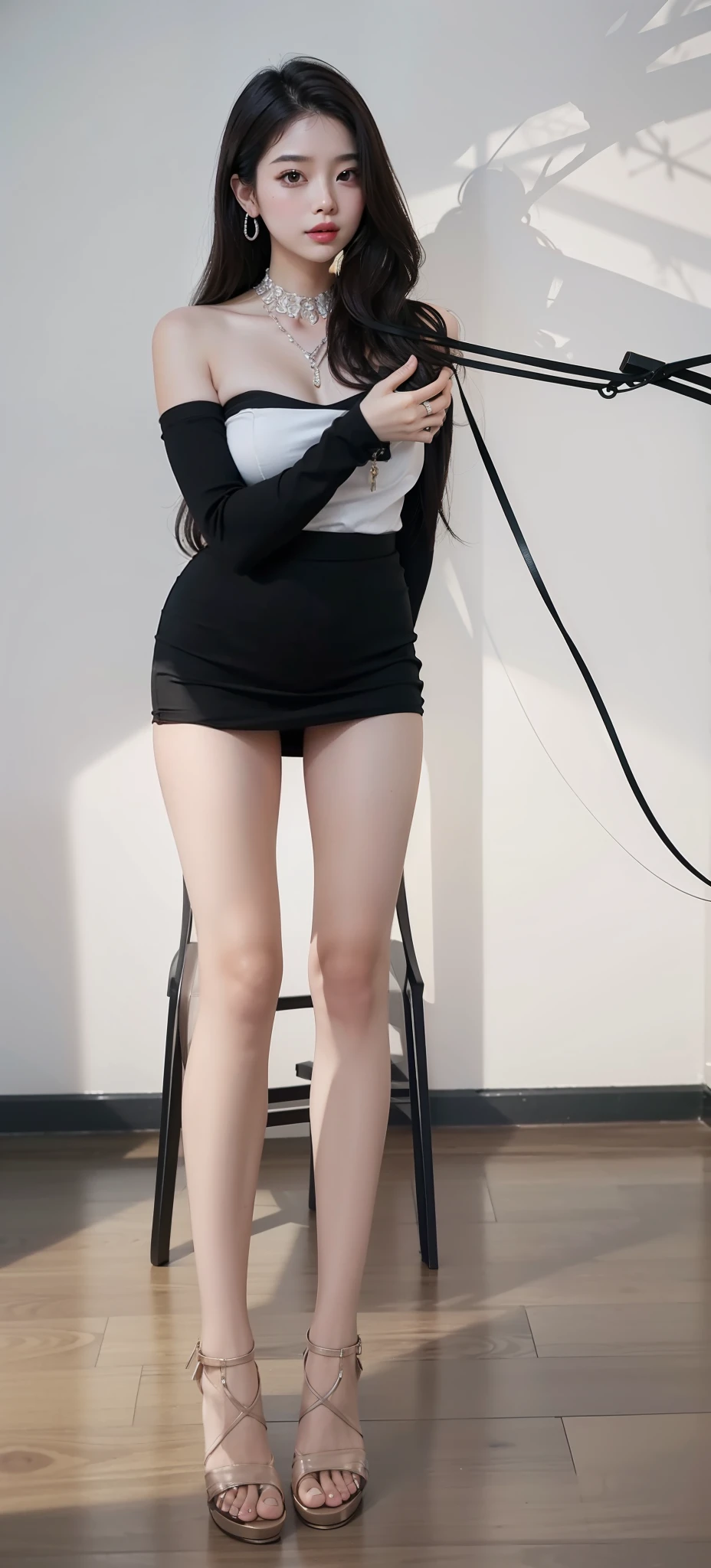Full body photo of beautiful sexy woman wearing short skirt and sewn stockings，Stands_straight，（（独奏）），AS-Adult，high-heels，Craving sexual，medium wind_herself，（best qualtiy，A high resolution，tmasterpiece：1.4），A tall and beautiful woman，Dark brown hair in loose wavy styling，nedium breasts，Wear a pendant，Beautifully rendered details in face and skin textures，Detailed eyes，二重まぶた，