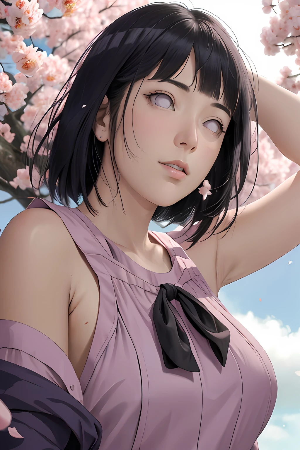 masterpiece, absurdres, hinata\(boruto\), 1girl, solo,mature female, mini dress of shoulder, outdoors, looking at viewer, (falling petals), cloudy sky, perfect composition, detailed lips, big breast, beautiful face, body propotion, blush, (pink lips), long hair, purple eyes, soft gaze, sad smile, super realistic, detailed, photoshoot, realistic face and body