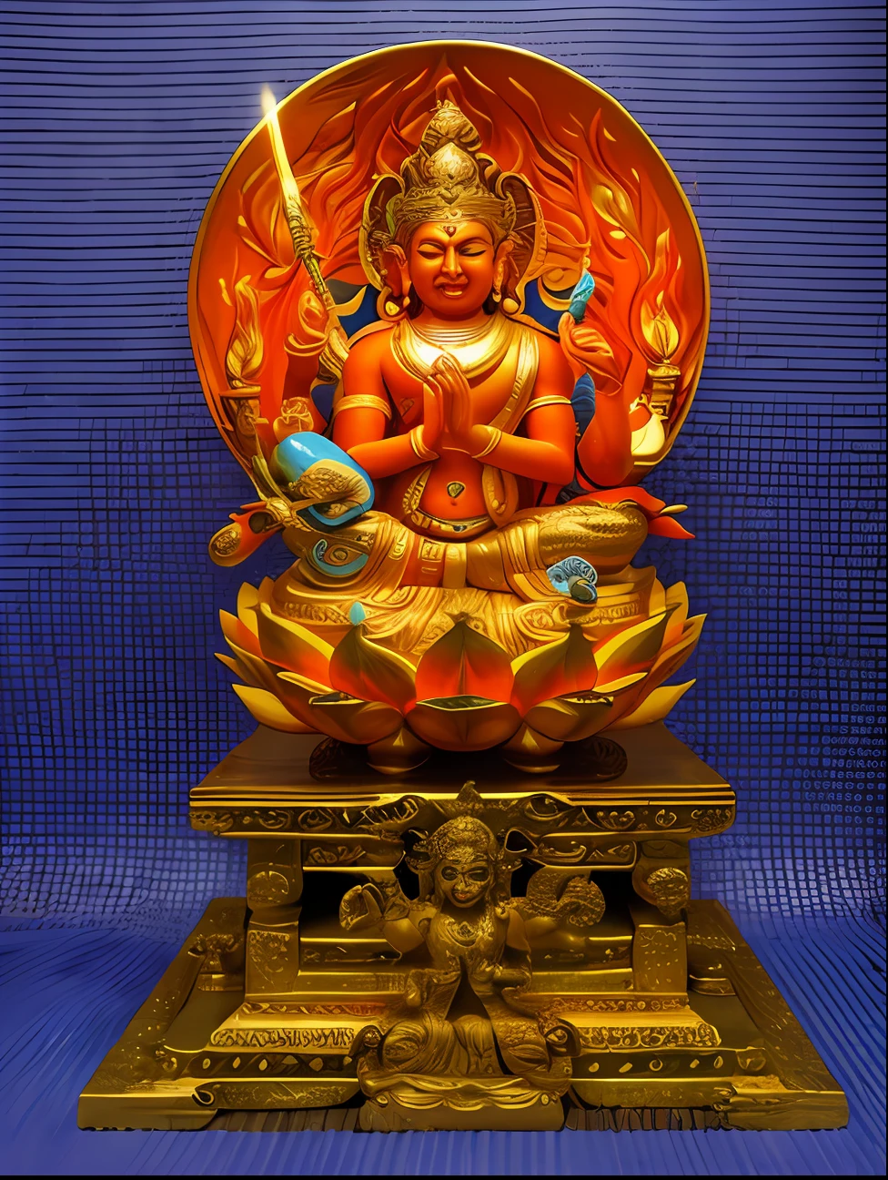 An angry man sitting on a lotus with a sword sits on a lotus, There are eight arms in total,Each knot handprint,Body contours are on fire,Love dye Ming King,Red skin,Blue sky in the background,The background of the character is a circular flame,Light,hindu god, attractive male deity, Full front view, japanese god, , indian god, bodhisattva, vishnu, Hindu gods, hindu art,Appears as the Vulcan,tmasterpiece,4k,超高分辨率。Realiy,photorealestic,professional photoshooting,