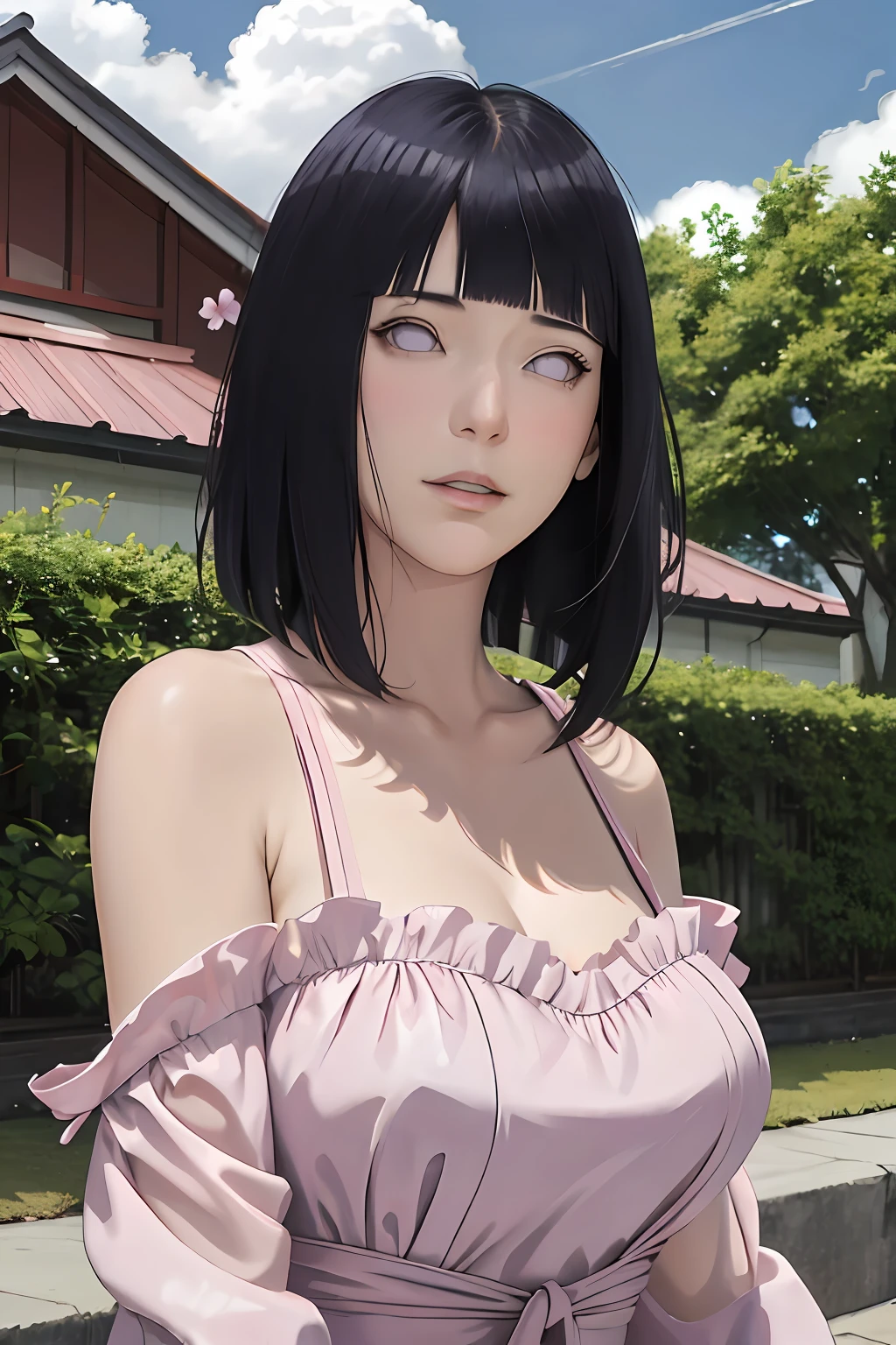 masterpiece, absurdres, hinata\(boruto\), 1girl, solo,mature female, mini dress of shoulder,  outdoors, looking at viewer, (falling petals), cloudy sky, perfect composition, detailed lips, big breast, beautiful face, body propotion, blush, (pink lips), long hair,  purple eyes,  soft gaze, sad smile,  super realistic, detailed, photoshoot, realistic face and body