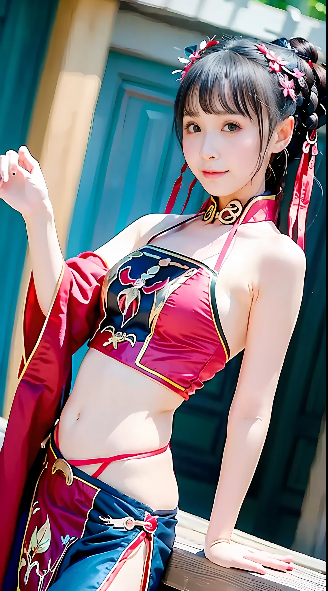 A girl,Lazing on the blue sheets,red color Hanfu,Fan in hand