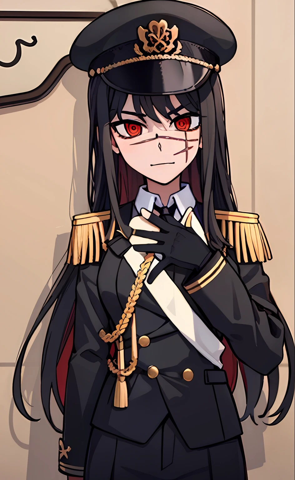 (masterpiece, best quality: 1.2), Solo, 1girl, Yoru \(Chainsaw Man\), looking at the viewer, different poses, red eye, long hair, completely black hair, reference to clothing of a German WWII general, black long sleeves (best quality), scar on face, beautiful eyes, has only 2 arms, has war medals on his clothes, Black Military Cap, Golden Eagle Medal on Clothing,  (Wallpaper), (8K HD), (8K HD), Golden Shoulder Pads, Sprites, 1 Single Design (masterpiece, best quality: 1.2), Solo, 1girl, Yoru \(Chainsaw Man\), looking at the viewer, smile, happy, different poses, red eye, long hair, completely black hair, reference to clothing of a German WWII general, black long sleeves (best quality), scar on face,  beautiful eyes, has only 2 arms, has war medals on his clothes, black military cap, golden eagle medal on clothing, (wallpaper), (8K HD), (8K HD), (8K HD), golden shoulder pads, sprites, 1 single design