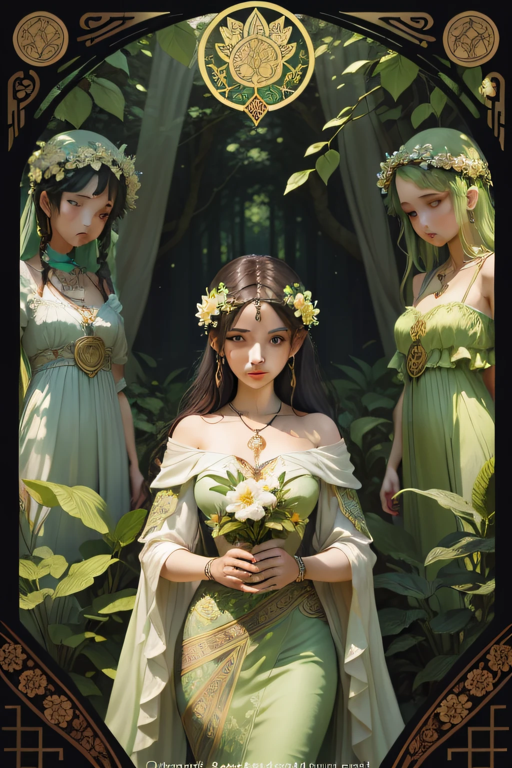 tmasterpiece,Best quality,An Alphonse Mucha's,in an art nouveau style,
(style de carte de tarot:1.3),Unique tarot card frame,A blend of floral and green elements,
bluntbangs,short black straight hair,looking at viewert,
In a verdant garden,A mysterious maiden dressed in a blooming dress dances with ethereal creatures,The clothes say one-key triplet,bathed in sunlight,Illuminated by lush flora and ancient tarot card symbols,
rosette、lilie、SakuraNS、iris compiet、foliage、Moss and vines,An elegant dress inspired by nature,Accessories include necklaces with flower and leaf designs、耳Nipple Ring、gyuru、bangle、hair adornments、butterflys、birds、honeybee、Tarot card symbols reimagined with floral and green plant designs、goddes、trpical garden、ln the forest、Lakeside and other natural backgrounds,effective use of light and shadow,
realisticlying,Ultra-realistic realistic 3D,zentangle,