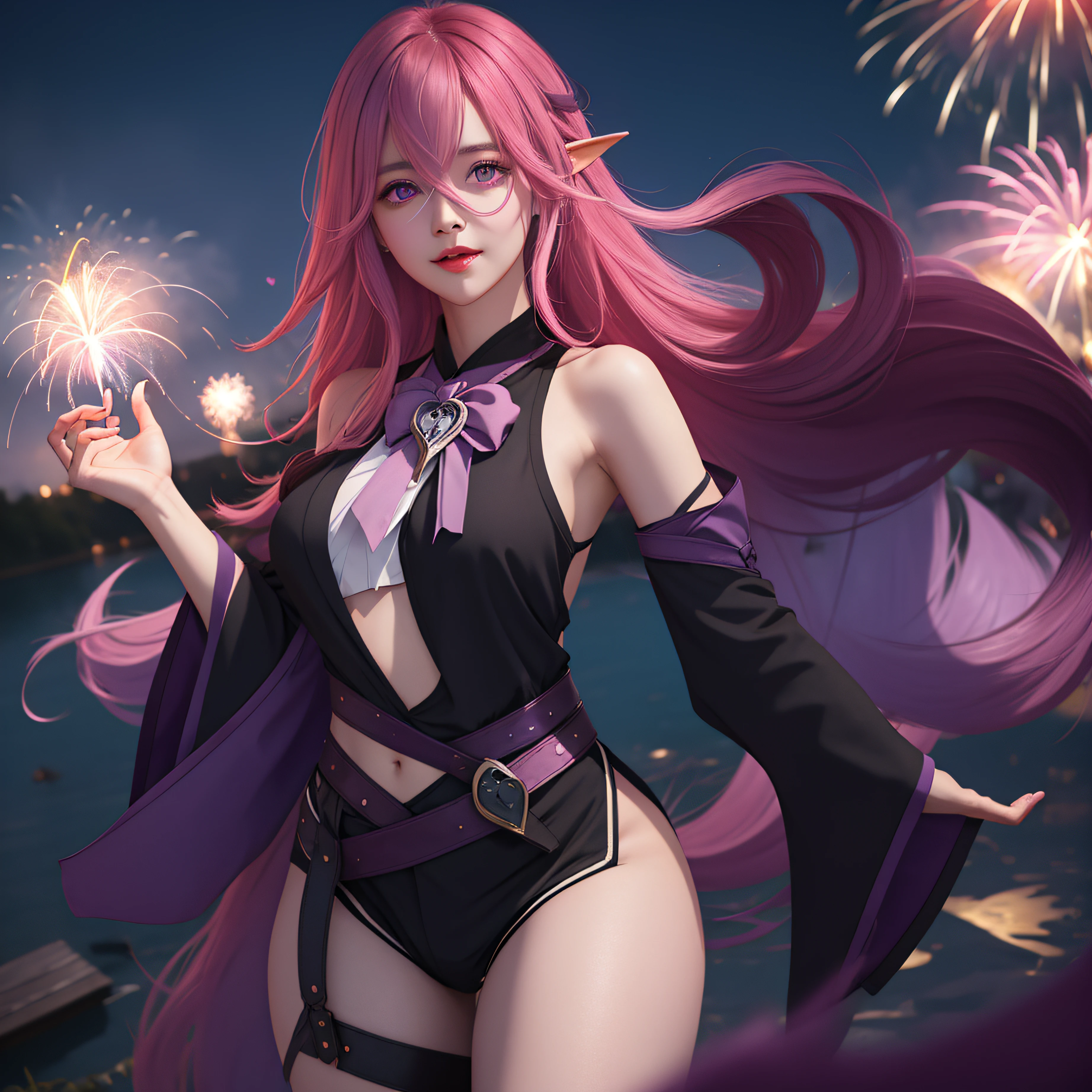 Keera, 1girl, pink hair, hair spread out, hair between eyes, very long hair, bowtie, parted lips, pointy ear, purple eyes, sleeves past wrists, black sleeves, black shorts, belt, detached sleeves, ahoge, heart necklace, navel, smile, looking at viewer, lily \(flower\),(fireworks),(aerial fireworks),firework background,(night),shrine,lake, light reflection \(water\), standing, from below,fiction art, RAW photo, hanfu picture, best photo, best photo quality, 8k quality, 8k ultra, super realistic, real photo most economical, the goddess poses sexy and seductive,