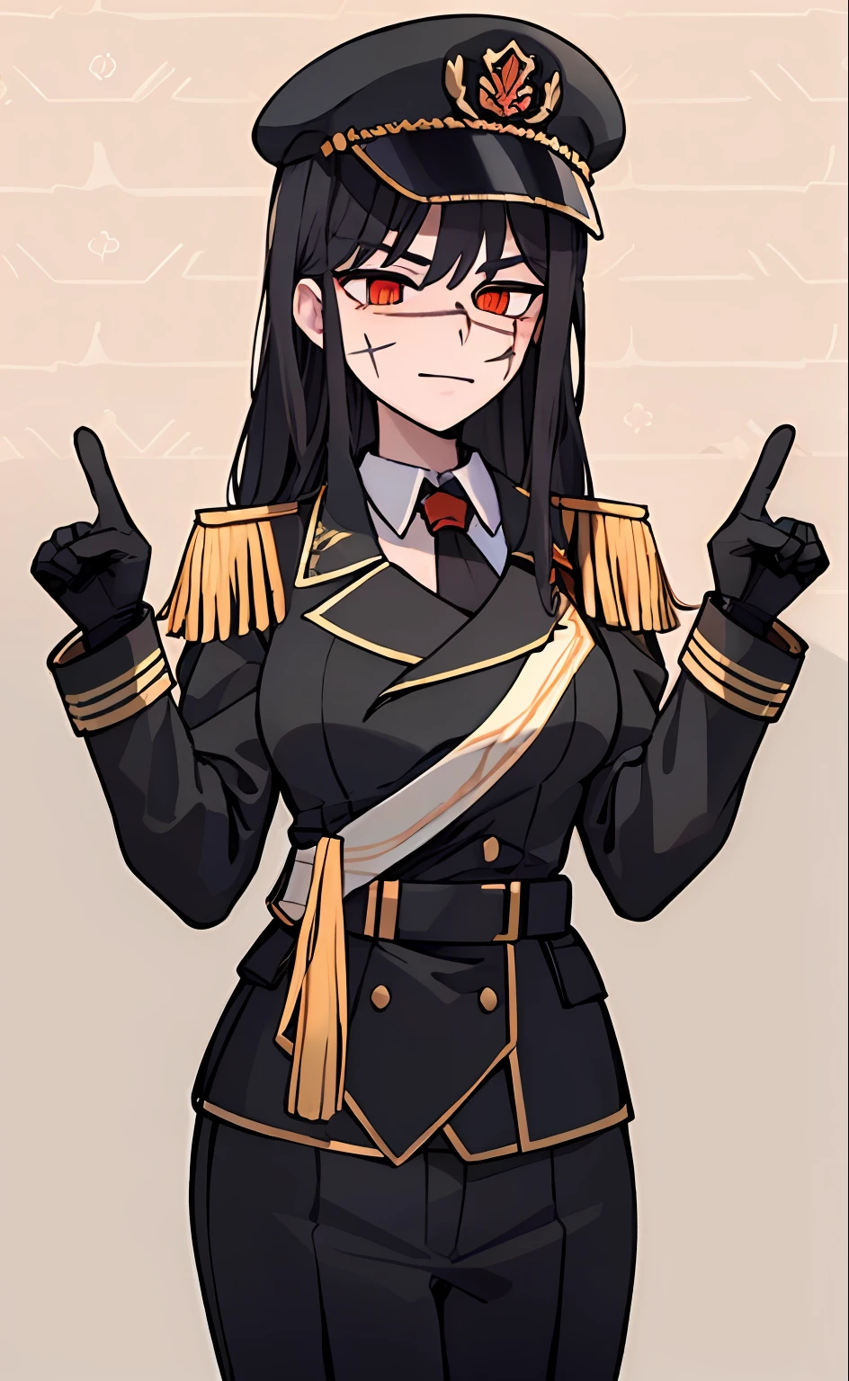 (masterpiece, best quality: 1.2), Solo, 1girl, Yoru \(Chainsaw Man\), looking at the viewer, different poses, red eye, long hair, completely black hair, reference to clothing of a German WWII general, black long sleeves (best quality), scar on face, beautiful eyes, has only 2 arms, has war medals on his clothes, Black Military Cap, Golden Eagle Medal on Clothing, (Wallpaper), (8K HD), (8K HD), Golden Shoulder Pads, Sprites, 1 Single Design (masterpiece, best quality: 1.2), Solo, 1girl, Yoru \(Chainsaw Man\), looking at the viewer, smile, happy, different poses, red eye, long hair, completely black hair, reference to clothing of a German WWII general, black long sleeves (best quality), scar on face, beautiful eyes, has only 2 arms, has war medals on his clothes, black military cap, golden eagle medal on clothing, (wallpaper), (8K HD), (8K HD), (8K HD), golden shoulder pads, sprites, 1 single design