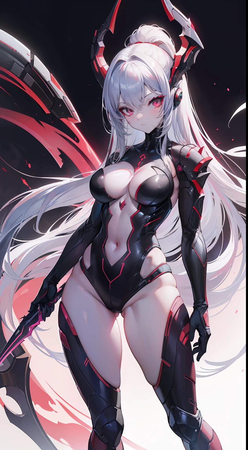 (ultra-definition), Big anime character with red skin and silver hair, Tentacles wriggle behind,thick smooth warframe thighs, Guyver Style, fuchsia skin below the armor, Beautiful Lady in Warframe, Devil's Tail, gynoid body, Commission for high resolution, Widowmaker,