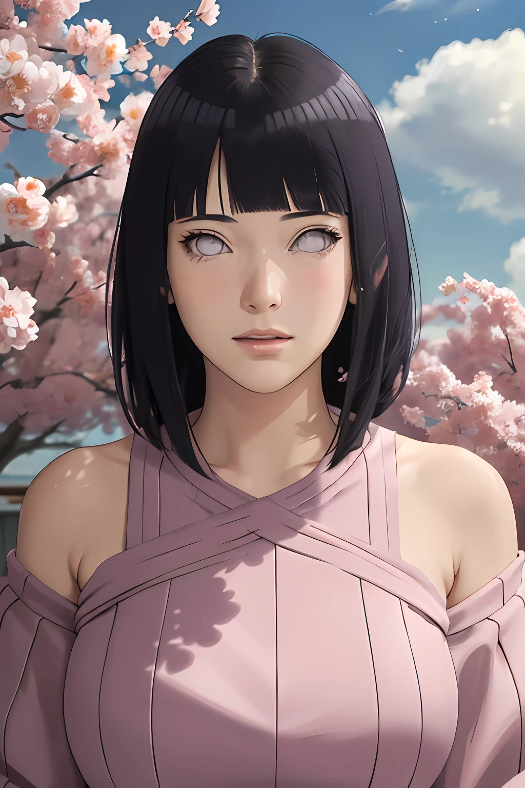 masterpiece, absurdres, hinata\(boruto\), 1girl, solo,mature female, knit sweater of shoulder, outdoors, looking at viewer, (falling petals), cloudy sky, perfect composition, detailed lips, big breast, beautiful face, body propotion, blush, (pink lips), long hair, purple eyes, soft gaze, sad smile, super realistic, detailed, photoshoot, realistic face and body