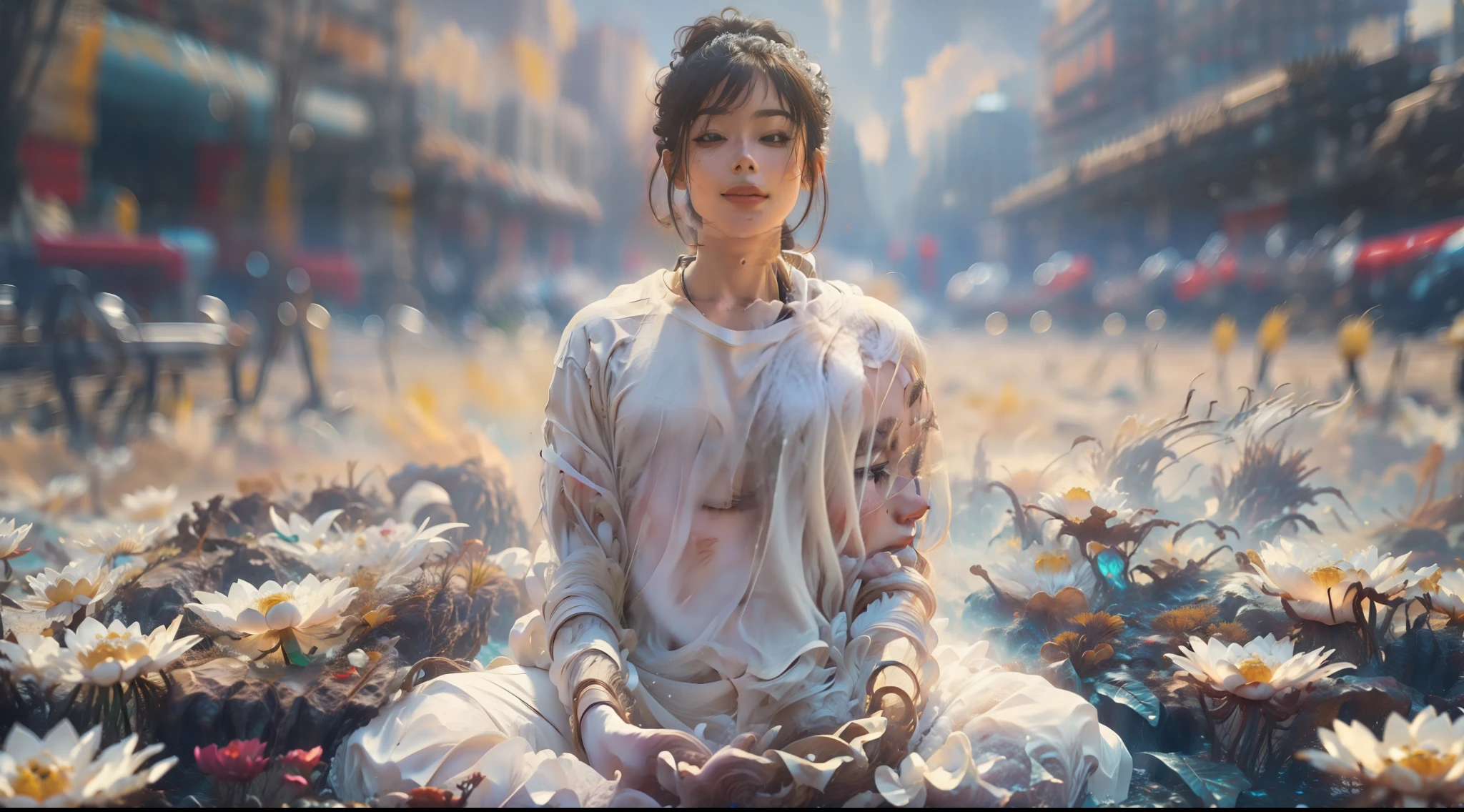 Handsome guy in a white shirt,Sit and meditate in a lotus pose,Look at the audience with your eyes closed,raised head,Floating on the ground,cheerfulness,A slight smil,realisticlying,Bokeh,light particules,very highly detailed background,detailed face with,Detailed and complex busy background,Untidy,opulent,milkyW,Highly detailed hands,Realistic details of skin,Visible Pore,tack sharp focus,volume fog,8K UHD,digital SLR camera,high qulity,filmgrain,White skin of the,photo-realism,lomo graphy,Huge metropolis in a dystopia of the future , look from down