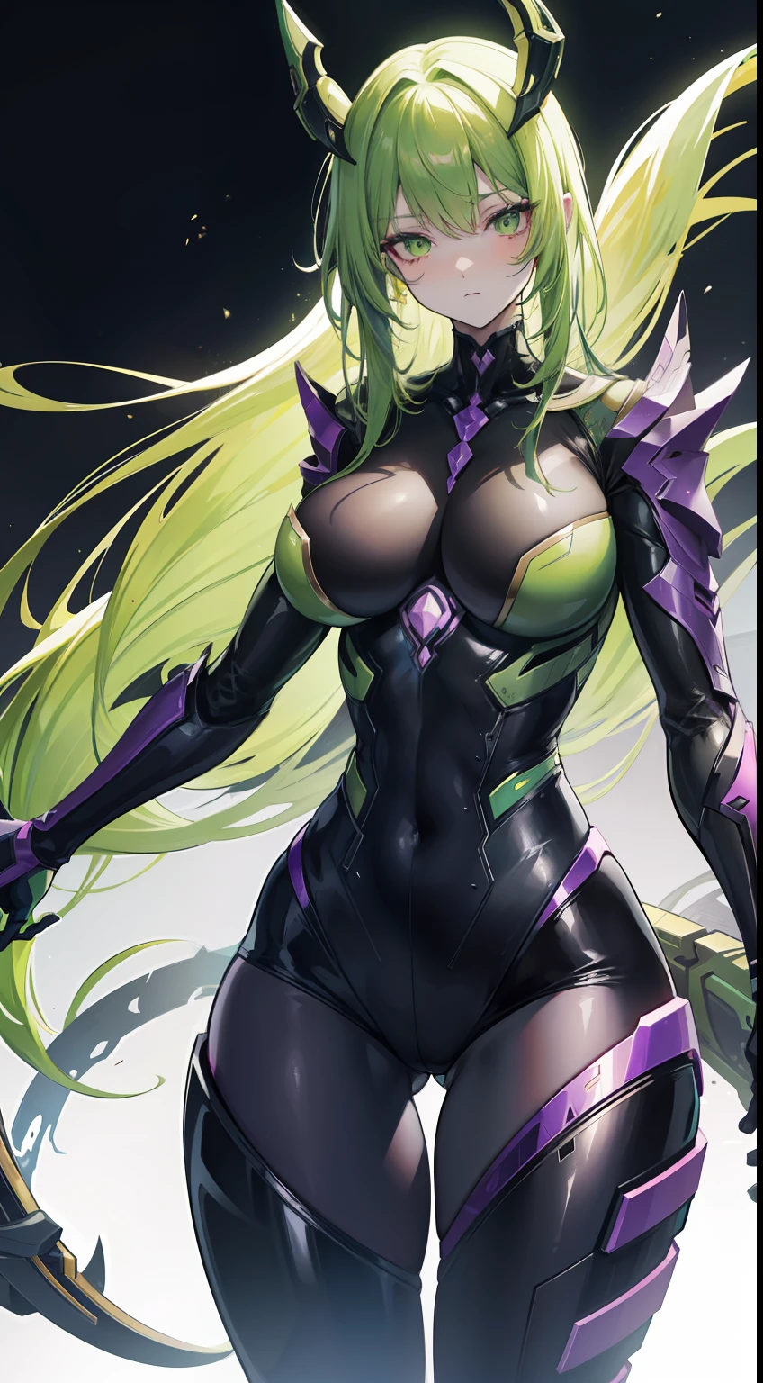 (ultra-definition), Big anime character with green skin and golden hair, Tentacles wriggle behind,thick smooth warframe thighs, Guyver Style, fuchsia skin below the armor, Beautiful Lady in Warframe, Devil's Tail, gynoid body, Commission for high resolution, Widowmaker,