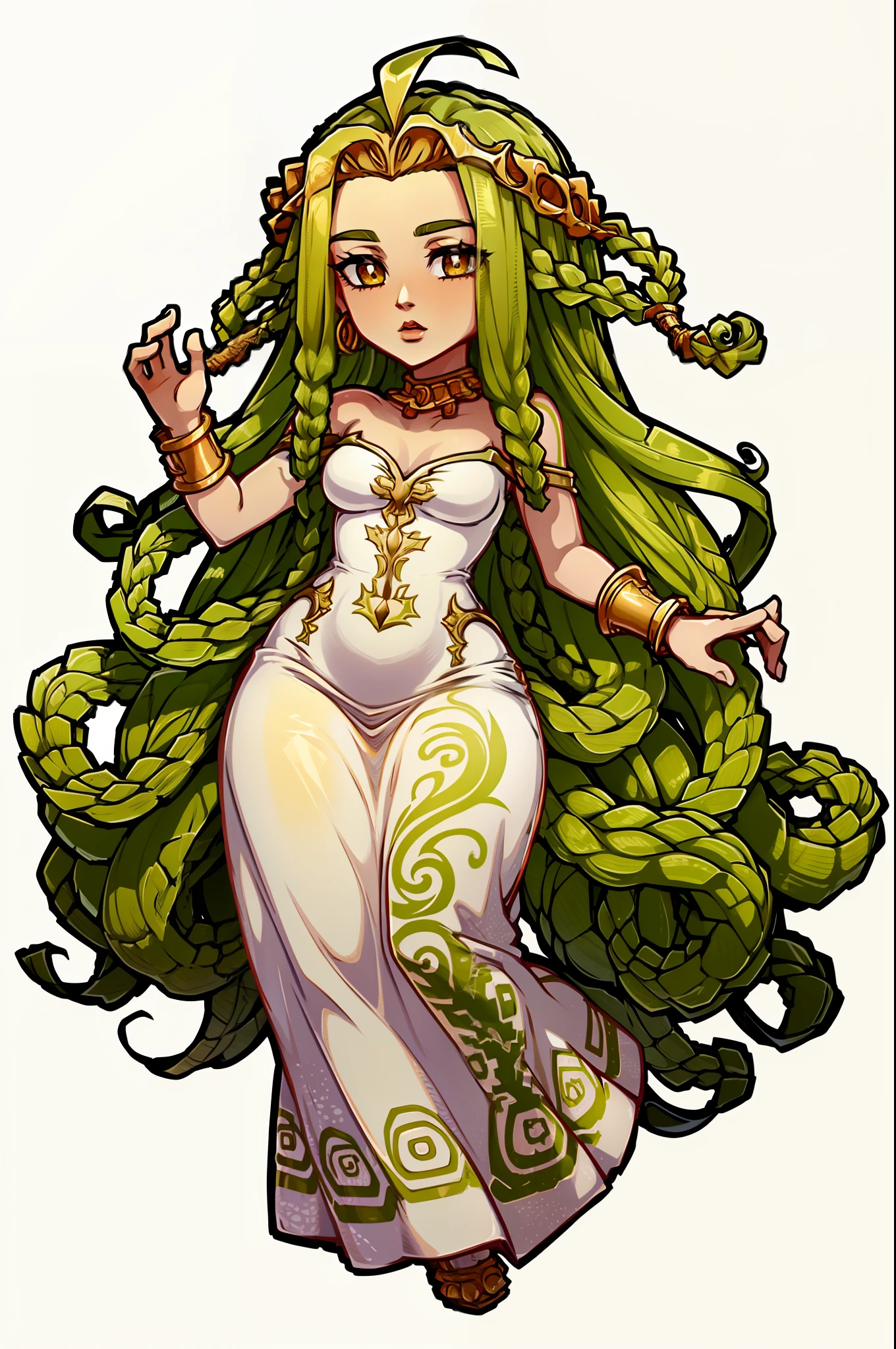 "Gorgon's Head, gorgon cabelo, detalhes do vestido em dourado, diadema dourado"