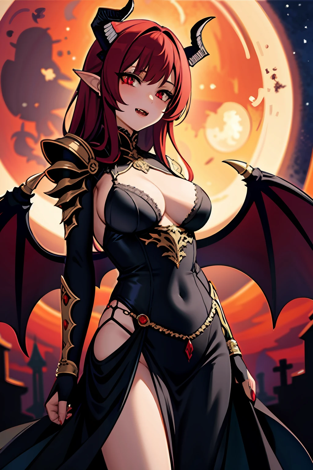 (masterpiece, best quality, detailed background, intricate details), dark castle, 1girl, demon, red hair, black eyes, slit pupils, curled horns, wings, fangs, black armor, bones, night, red moon