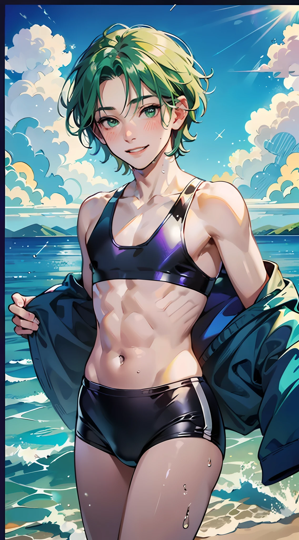((masutepiece:1.4, Best Quality)),((masutepiece, Best Quality)), boy running on calm sea beach,short green hair,Green eyes,Men's Swimwear,Wet face or clothes,blush,Happy smile,Blue sky,Horizon,, water dripping,Lens Flare,Magnificent view,(chromatic abberation:1.3),Dynamic Angle,(Cowboy Shot:1.3),Looking at Viewer、Skysky