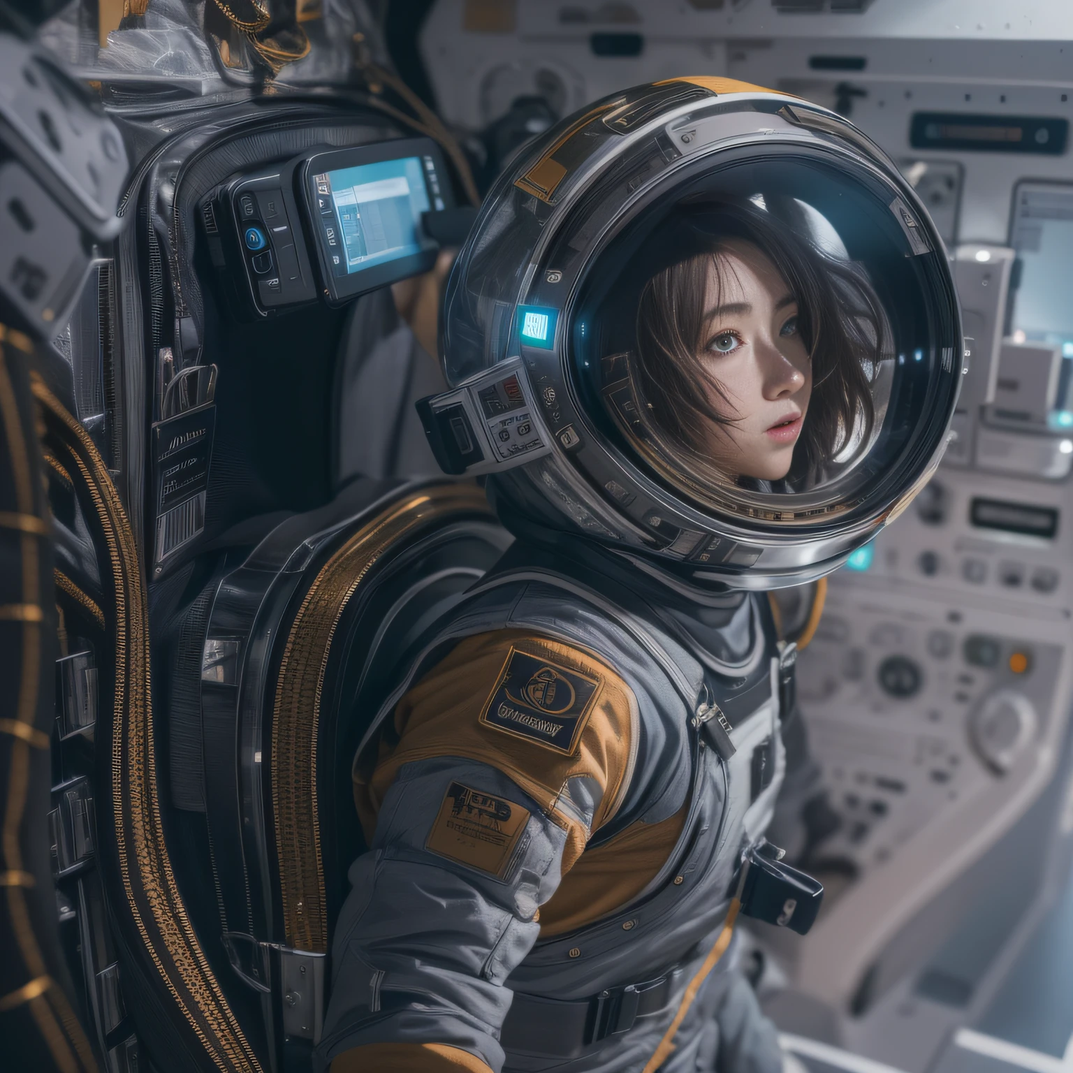 16k, RAW photo, Top quality,A half body,Lateral face,Look up at the perspective, Masterpiece(hyper HD)brunette color hair,outerspace, (realisticlying:1.4),Spacesuit, A high resolution, the detail, RAW photogr, Sharp Re, Nikon D850 Film Stock Photo by Jefferies Lee 4 Kodak Portra 400 Camera F1.6 shots, Rich colors, ultra-realistic vivid textures, Dramatic lighting, Unreal Engine Art Station Trend, cinestir 800,