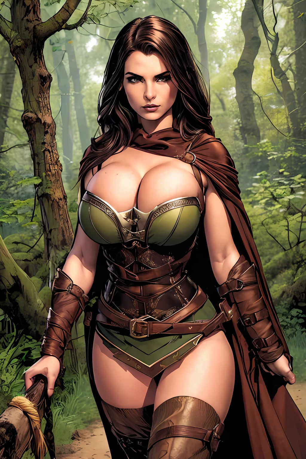 (masterpiece, top quality, best quality, official art, beautiful and aesthetic:1.2), (1girl:1.3), dark brown hair in a single braid, extremely detailed, portrait, looking at viewer, solo, (full body:0.6), detailed background, close up, cat eyes, (warm summer forest theme:1.1), elf ranger, charlatan, smirk, mysterious, walking in forest, revealing ranger attire, brown leather, cowl, cloak, corset, long boots, buckles, straps, pouches, bow and arrow, green fabric, brown leather, ((gigantic breasts)) cleavage, skindentation, slim waist, slim hips, long legs, medieval (forest exterior:1.1) background, dark mysterious lighting, shadows, magical atmosphere, dutch angle