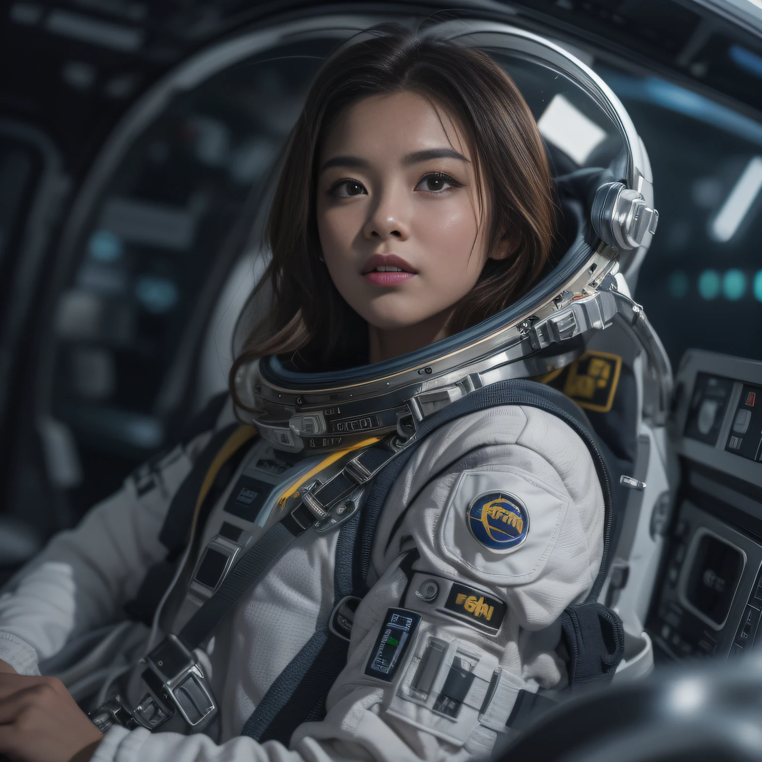 16k, RAW photo, Top quality，A half body，Lateral face，Look up at the perspective, Masterpiece（hyper HD）brunette color hair，outerspace， （realisticlying：1.4），Spacesuit， A high resolution， the detail， RAW photogr， Sharp Re， Nikon D850 Film Stock Photo by Jefferies Lee 4 Kodak Portra 400 Camera F1.6 shots, Rich colors, ultra-realistic vivid textures, Dramatic lighting, Unreal Engine Art Station Trend, cinestir 800，