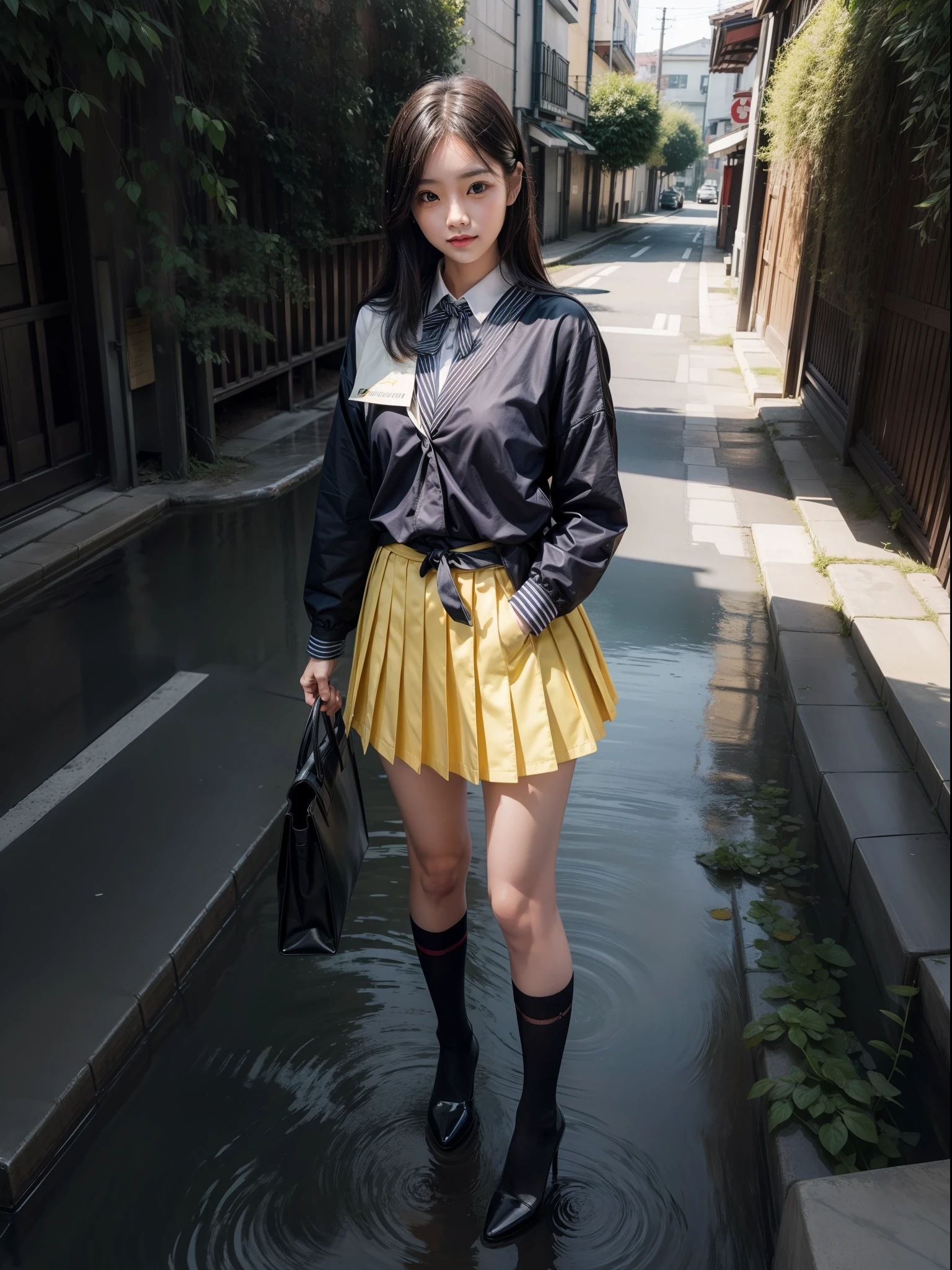 Splitting characters is prohibited,(Full body shot:1.3), Must show your face, anatomy correct, Sewers during the day,There is standing water,High heels must be worn,Dressing stockings are mandatory, Yellow Japan JK Student Uniform, A shallow laugh, Complex and diverse backgrounds,Strangling effect,hyper HD, Ray traching, structurally correct, Award-Awarded, high detal, lightand shade contrast, Face lighting,cinmatic lighting, tmasterpiece, super detailing, high high quality, high detal, best qualityer, 16k