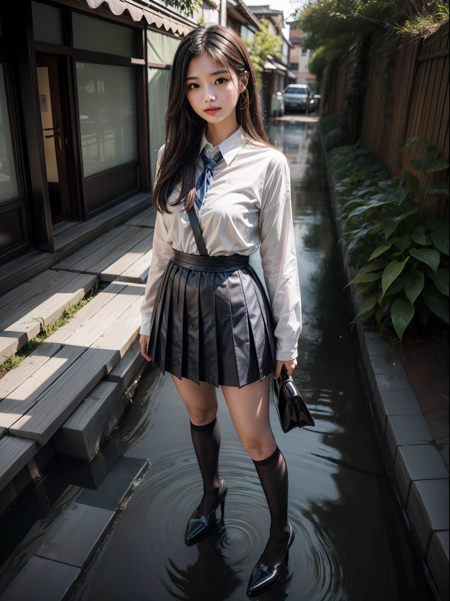 Splitting characters is prohibited，(Full body shot:1.3), Must show your face, anatomy correct, Sewers during the day，There is standing water，High heels must be worn,Dressing stockings are mandatory, Yellow Japan JK Student Uniform， A shallow laugh, Complex and diverse backgrounds，Strangling effect,hyper HD, Ray traching, structurally correct, Award-Awarded, high detal, lightand shade contrast, Face lighting，cinmatic lighting, tmasterpiece, super detailing, high high quality, high detal, best qualityer, 16k