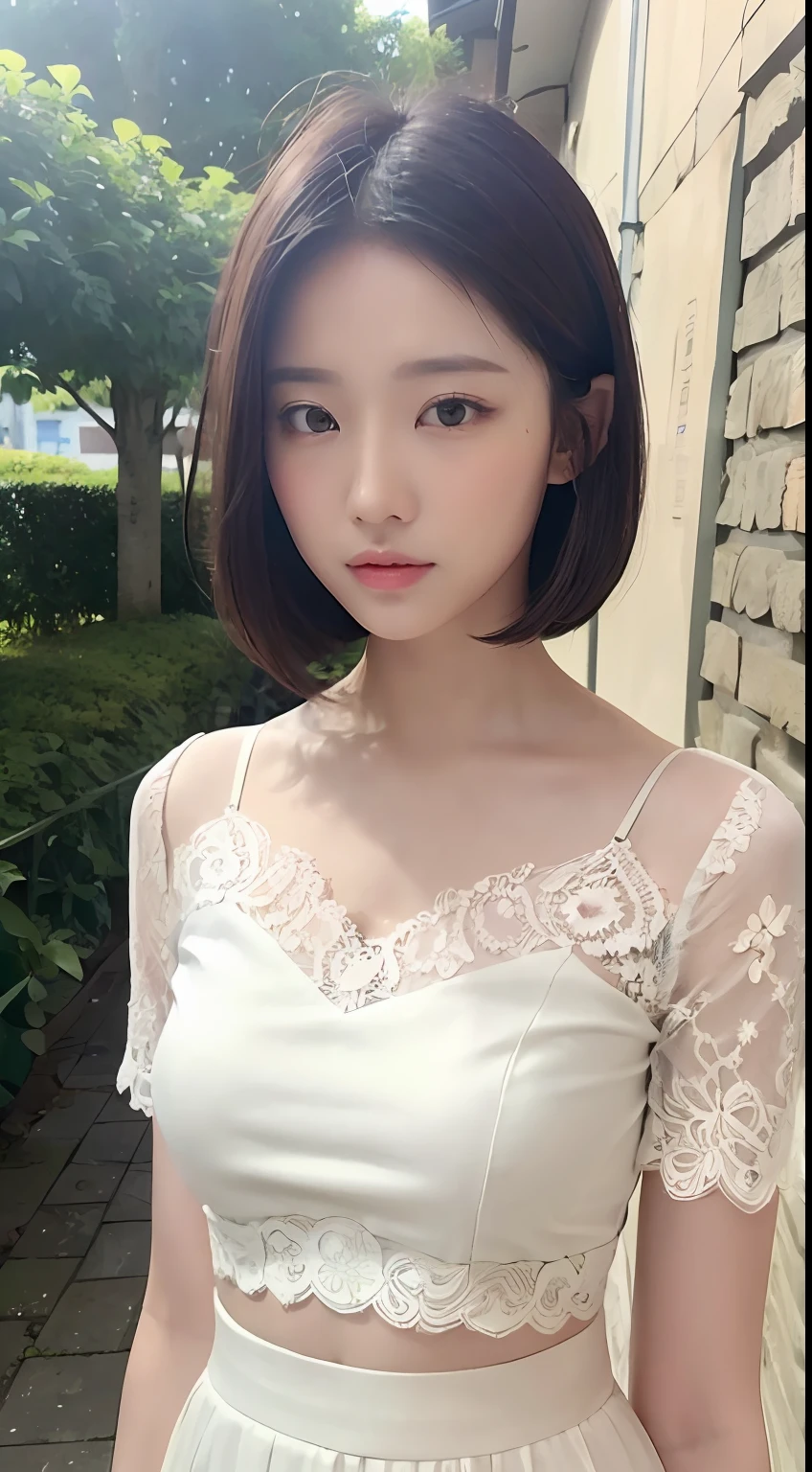 ((Best Quality, 8K, masutepiece: 1.3)), (Lace Top with Skirt: 1.3), Focus: 1.2, Perfect Body Beauty: 1.4, Buttocks: 1.2, ((Layered Haircut: 1.2)), (Dark Street: 1.3), Highly detailed face and skin texture, Detailed eyes, Double eyelids, Whitening skin, Layered Short Hair,