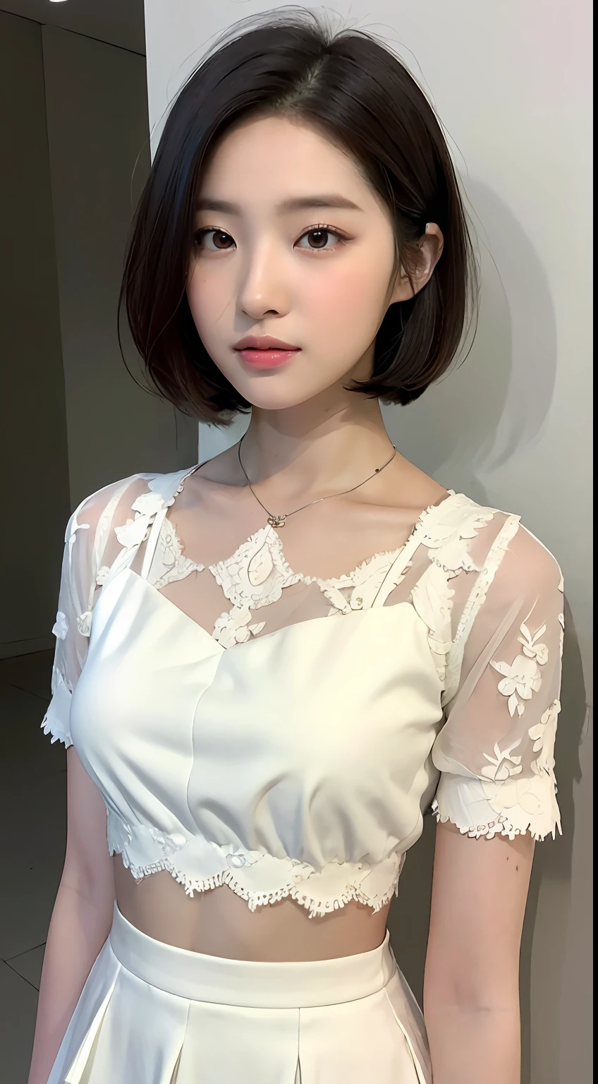 ((Best Quality, 8K, masutepiece: 1.3)), (Lace Top with Skirt: 1.3), Focus: 1.2, Perfect Body Beauty: 1.4, Buttocks: 1.2, ((Layered Haircut: 1.2)), (Dark Street: 1.3), Highly detailed face and skin texture, Detailed eyes, Double eyelids, Whitening skin, Layered Short Hair,