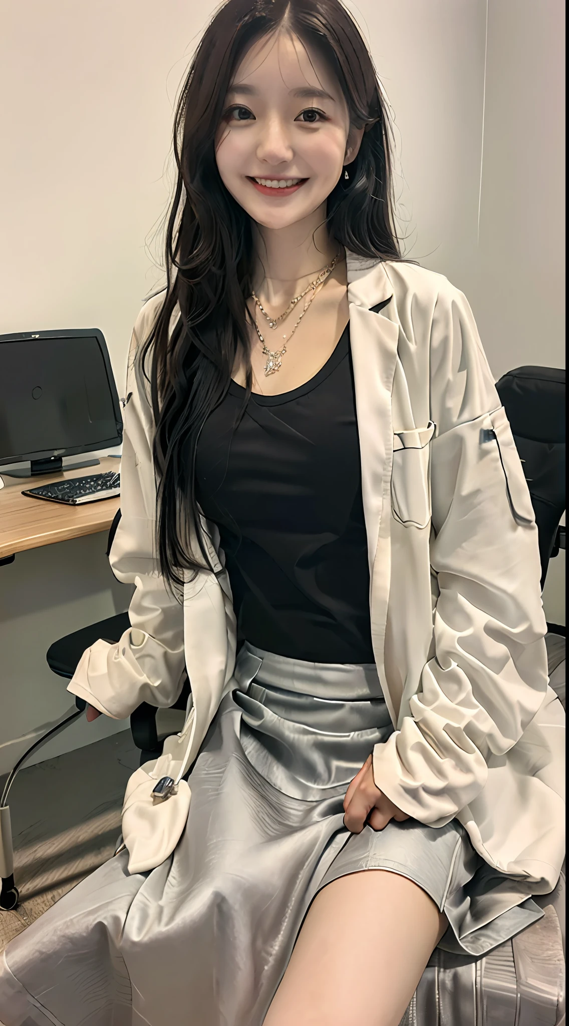 ((top-quality、8K、​masterpiece:1.3))、((1womanl))、((A Japanese Lady))、((A MILF))、((45 yers old))、((slim figure))、((Female Ophthalmologist))、((Detailed eye examination room))、((Office Desk))、((Detailed office chair))、((Sitting on an office chair))、((beautifully detailed hair))、((Float NovaFrogStyle))、((Black hair Long hair))、((Extraordinary beauty))、((Beautiful and ultra-detailed face))、((Smiling kindly))、((Detailed lab coat))、((Beautiful and detailed scruff))、((Detailed necklace))、((Beautiful and detailed hands))、((Detailed long skirt))、(( Pulling up a skirt))、((Beautiful and detailed thighs))、((Detailed beautiful legs))、((Beautiful and detailed ankles))、((Detailed anklet))