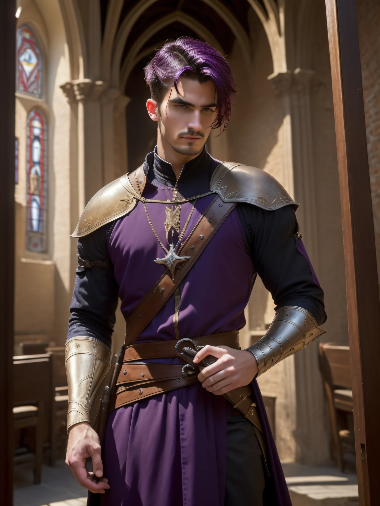 (((masterpiece, best quality))), (1 male assassin, perfect fingers,  perfect hands), 25 years old, medieval church as background, unapproachable vibe, Expressionless, athletic, dark purple hair, very short hair, Delicate face, male face, male eyebrows, male eyes, sharp nose, facial muscle, adam's apple, (sharp eyes), medieval Assassin costumes, solo,