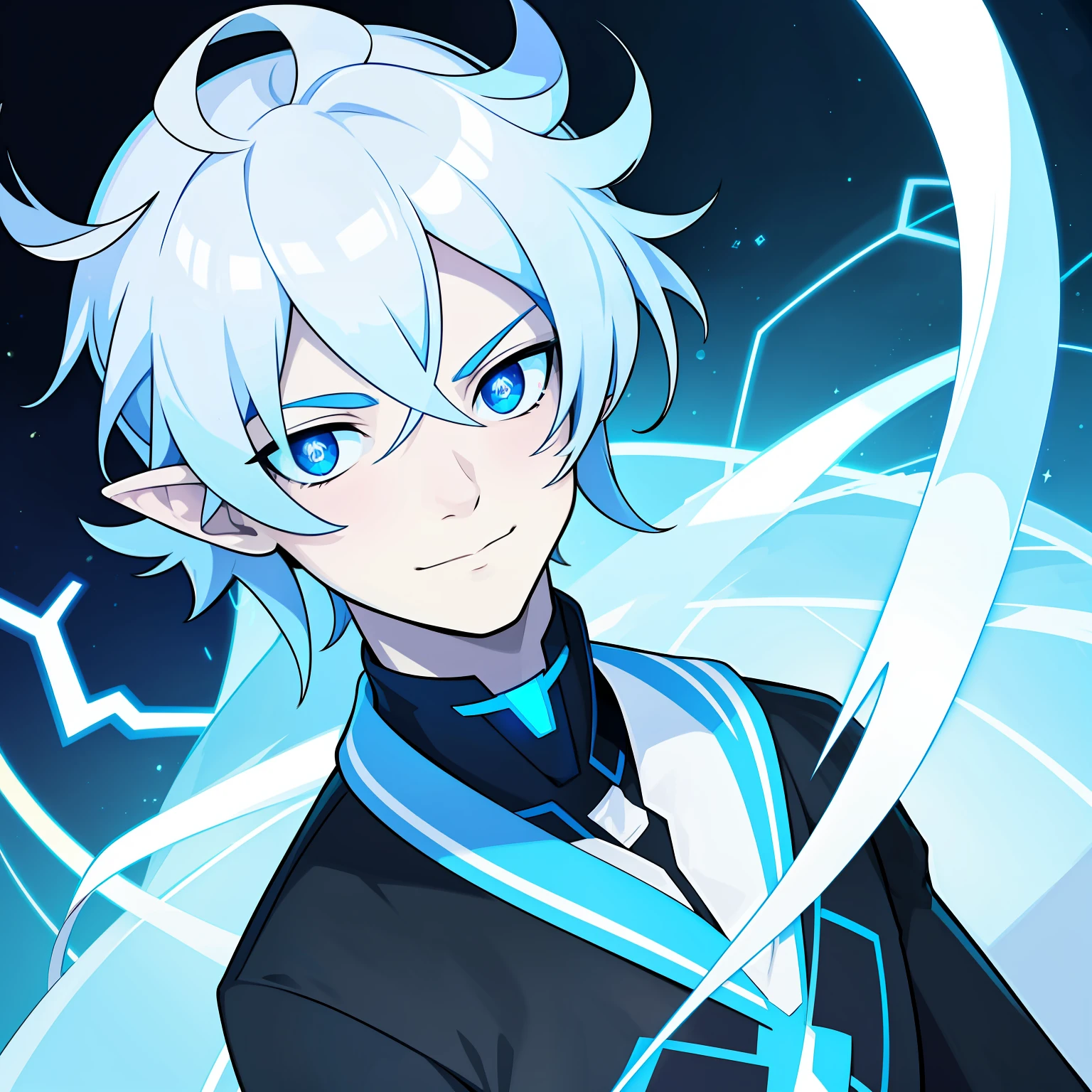 Solo male with soft features looking to the left at a downward angle with a small smile, his skin is pale white and smooth, he has blue glowing eyes with a star shaped pupils, his hair is blue, straight, and medium length with electrical arcs jumping through it, portrait, anime style, pointy ears, pure black background, femboy