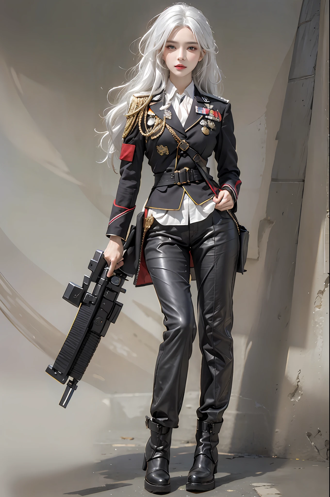 photorealistic, high resolution, 1women, solo, hips up, look at viewer, (detailed face), white hair, long hair, military uniform, jewelry