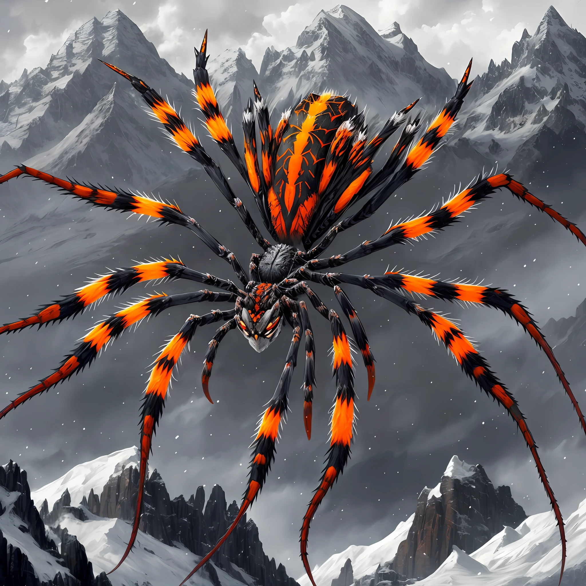 Spider, Mountain Blizzarioths, colors are grey and orange with slight bits of blue, grey spikes, this creature causes blizzards and icestorms, masterpiece, best quality