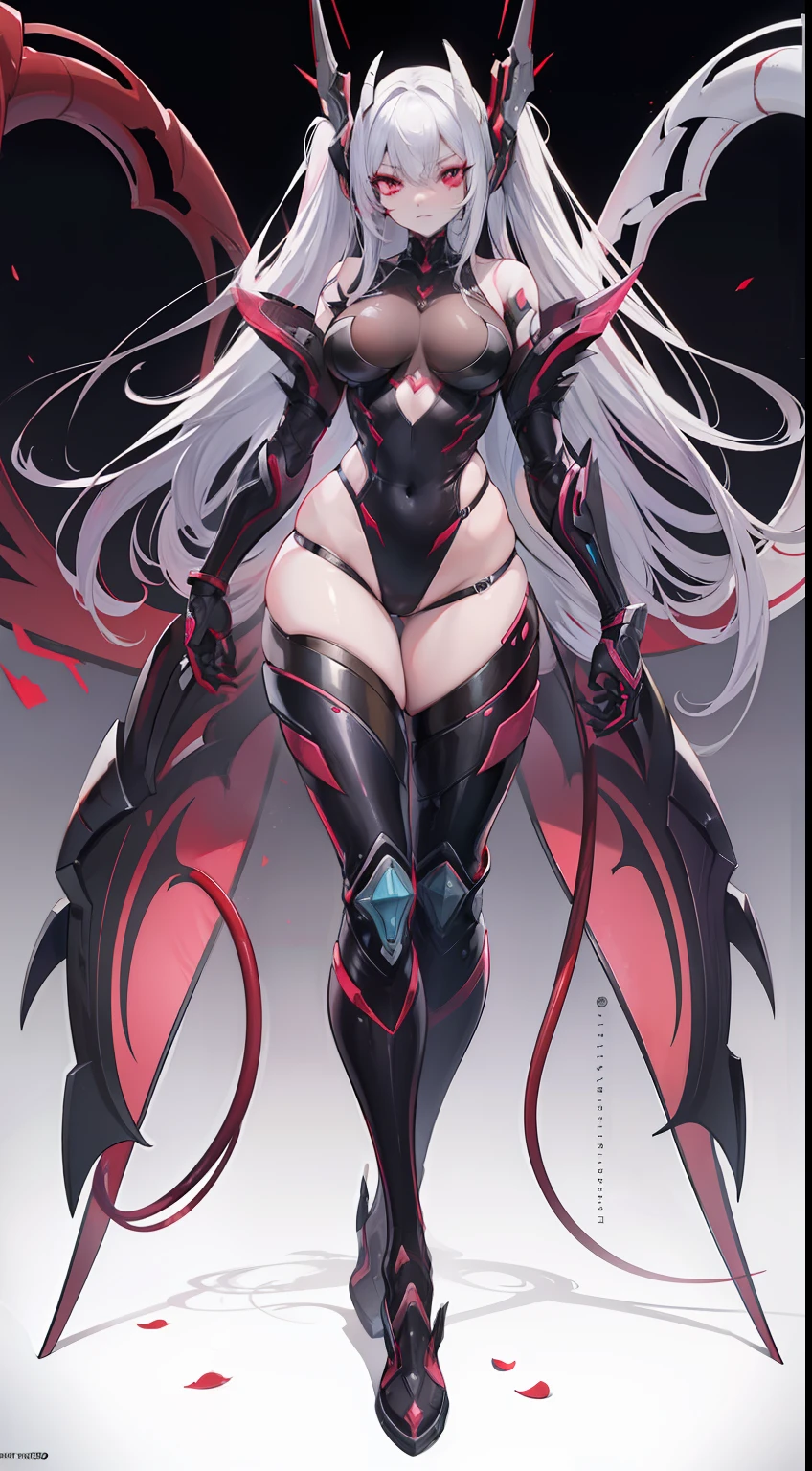 (ultra-definition), Big anime character with red-black skin and silver hair, Tentacles wriggle behind,thick smooth warframe thighs, Guyver Style, fuchsia skin below the armor, Beautiful Lady in Warframe, Devil's Tail, gynoid body, Commission for high resolution, Widowmaker,