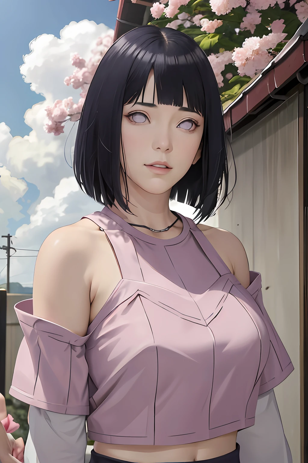 masterpiece, absurdres, hinata\(boruto\), 1girl, solo,mature female, crop top of shoulder,  outdoors, looking at viewer, (falling petals), cloudy sky, perfect composition, detailed lips, big breast, beautiful face, body propotion, blush, (pink lips), long hair,  purple eyes,  soft gaze, sad smile,  super realistic, detailed, photoshoot, realistic face and body
