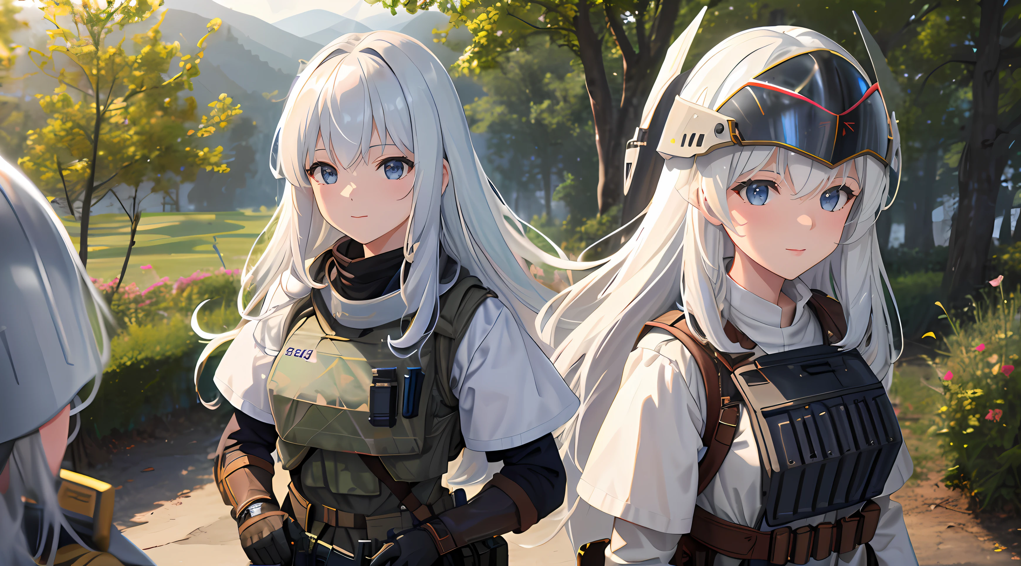 elaina, (masterpiece:1.6, best quality), HDR, 1girl,solo,shiny skin, white hair, shiny hair, long hair, ballistic helmet, use helm, armor, army clothes, woodlands camo, vest, chestrig, gun, grande, Tactical gloves, war background, war, tank, combat, explosion, military, Sunlight, shadow, gunfire, helicopters, Battlefields