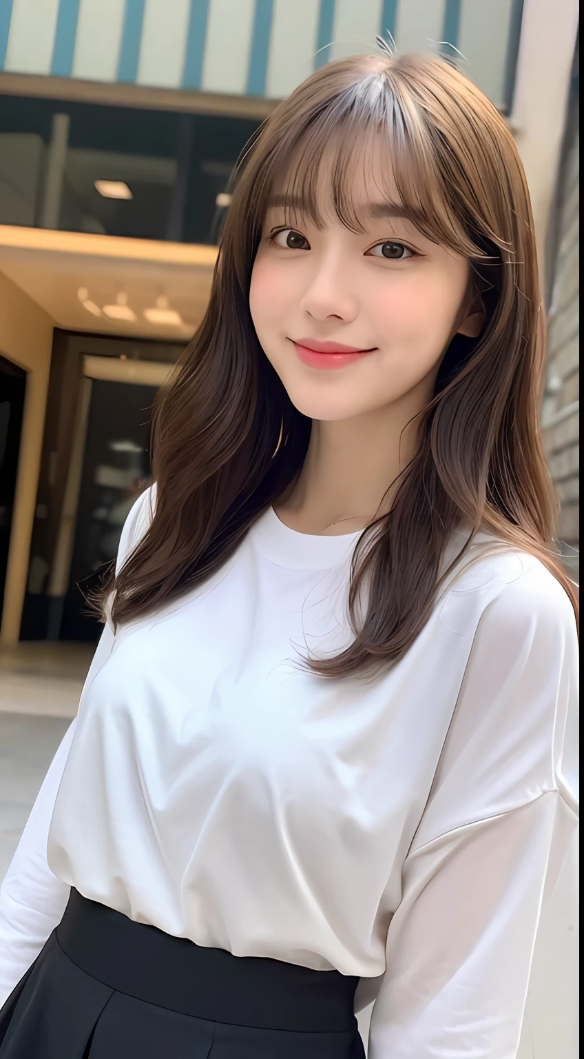 (8K、Raw photography、top-quality、masuter piece:1.2)、ultra-detailliert、ultra res、(realisitic、rialistic photo:1.37)、portlate、high-definition RAW color photography、Professional Photography、highly detailed and beautiful、ighly detailed、8K Picture Wallpaper、amazing detailed、huge filesize、Official art、Highly detailed CG Unity 8K wallpapers、highly detailed beautiful girl、extra detailed face、extremely detailed eye、highlydetailed skin、extremely detailed fingers、highly detailed nose、very detailed detailed mouth、Perfect Anatomy、highly detailed back ground、Highly detailed clothing、Realistic body、小柄、de pele branca、glistning skin、Slim body、Handsome body、brown haired、short constricted curly hair、(Blunt bangs:1.2)、A smile、kawaii、zora々Right、kawaii faces、Lifelike face、Delicat eyes、Sauce order、White T-shirt、skirt by the、耳Nipple Ring、Looking at the camera、cowboy shot、front facing、Standing、Contrapo, high street, public, 动态照明,No bangs、Center Part、Korean style、Forehead