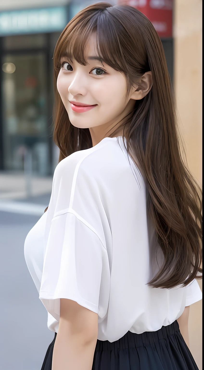 (8K、Raw photography、top-quality、masuter piece:1.2)、ultra-detailliert、ultra res、(realisitic、rialistic photo:1.37)、portlate、high-definition RAW color photography、Professional Photography、highly detailed and beautiful、ighly detailed、8K Picture Wallpaper、amazing detailed、huge filesize、Official art、Highly detailed CG Unity 8K wallpapers、highly detailed beautiful girl、extra detailed face、extremely detailed eye、highlydetailed skin、extremely detailed fingers、highly detailed nose、very detailed detailed mouth、Perfect Anatomy、highly detailed back ground、Highly detailed clothing、Realistic body、小柄、de pele branca、glistning skin、Slim body、Handsome body、brown haired、short constricted curly hair、(Blunt bangs:1.2)、A smile、kawaii、zora々Right、kawaii faces、Lifelike face、Delicat eyes、Sauce order、White T-shirt、skirt by the、耳Nipple Ring、Looking at the camera、cowboy shot、front facing、Standing、Contrapo, high street, public, 动态照明,No bangs、Center Part、Korean style、Forehead