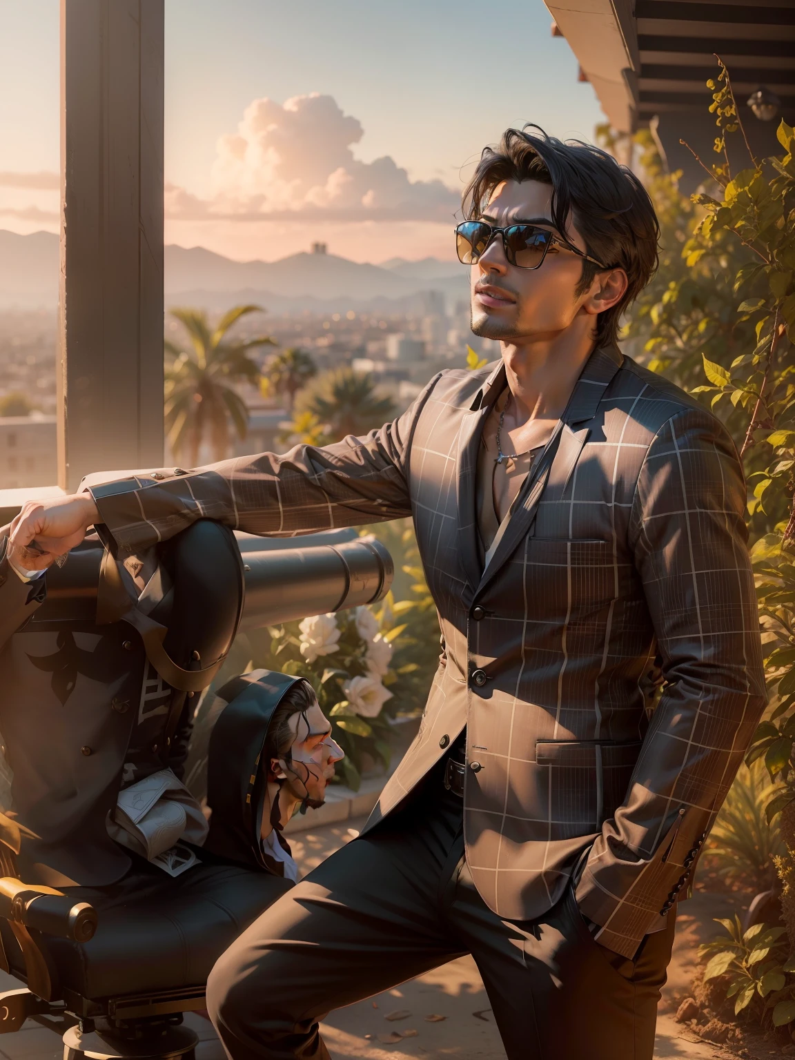 Boy become Lucifer Morningstar, at los Angeles CA, devil eyes , gangstar and handsome look, black suit, 4k