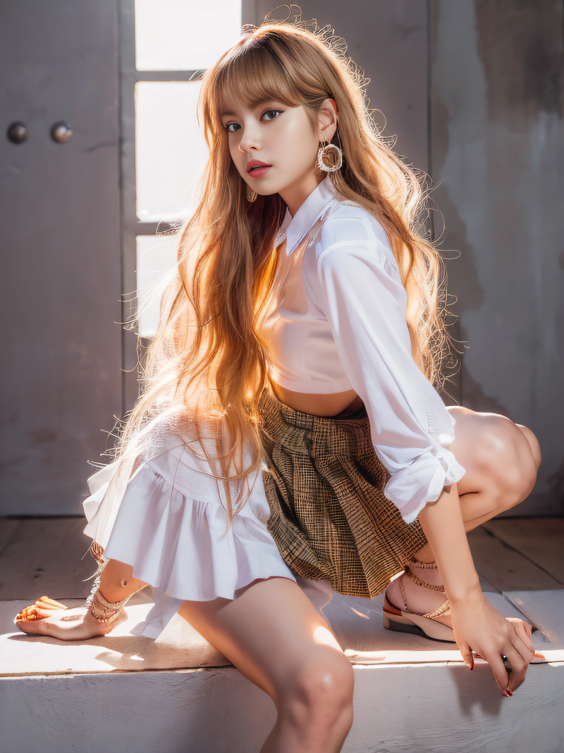 Lisa yellow long hair, Lisa face shape, with earrings, wearing a white shirt, open waist, pleated skirt, long legs, masterpiece, superlative, realistic, HD, photographic lighting, 16k