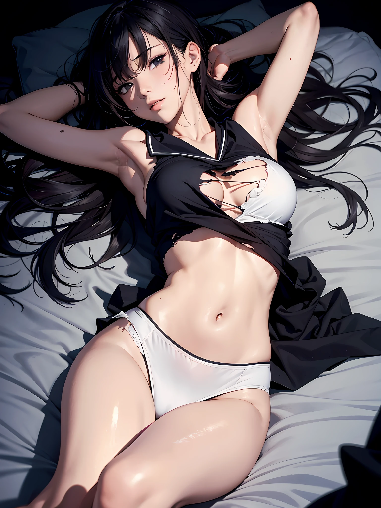 best images quality, tmasterpiece, hyper HD, (fidelity: 1.4), photore, 1 Woman, Torn sailor suit, cinematic ligh, sobu, Beds, (ripped clothing: 1.5), exposed bare shoulders, Yawning face, Sleeping face, Wet crotch, seductiv, alluring face, random hair style, ssmile, rough breathing, lay on back, lying up, Arm Raised, Super smoke, deep dark background, with black background, wlop, from the above