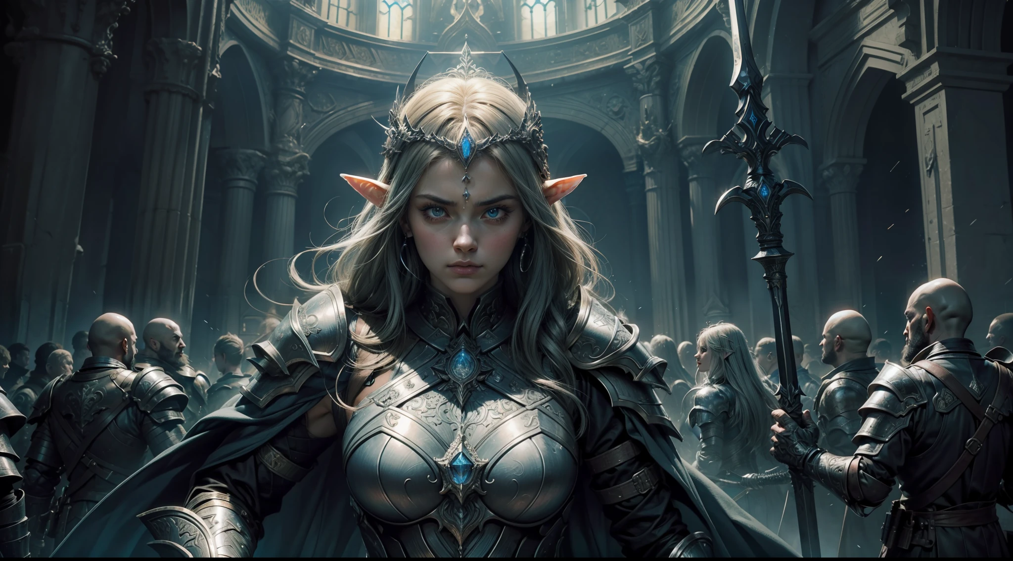 (Award-winning digital artwork:1.3) af (sketching:1.3),(with dynamism:1.3),(Saturation:1.3),(Close portrait:1.3),(femele:1.4),(big breasts beautiful: 1.4),(carismatic:1.3),Elven army,There are men and women,Heavy armor,complex patterns,complex patterns,Perfect Detailed Eyes,The background is the dungeon,Film filter, ,dramatics,dynamicposes,Fighting posture,illusory engine, (High detail: 1.9),mystic symbols,((Glowing sword)),((Glowing scepter))