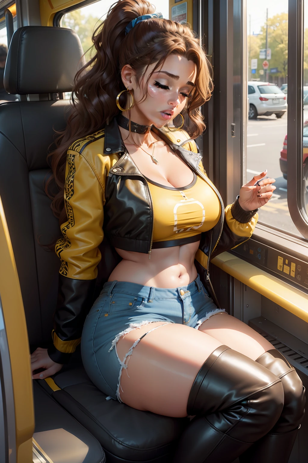 1 beautiful woman, large body, brown hair, big lips, wavy ponytail, big earrings, cleavage, yellow crop top, black patterned leather jacket, small jean shorts, black knee high boots, asleep SITTING on the bus, eyes closed , open mouth.