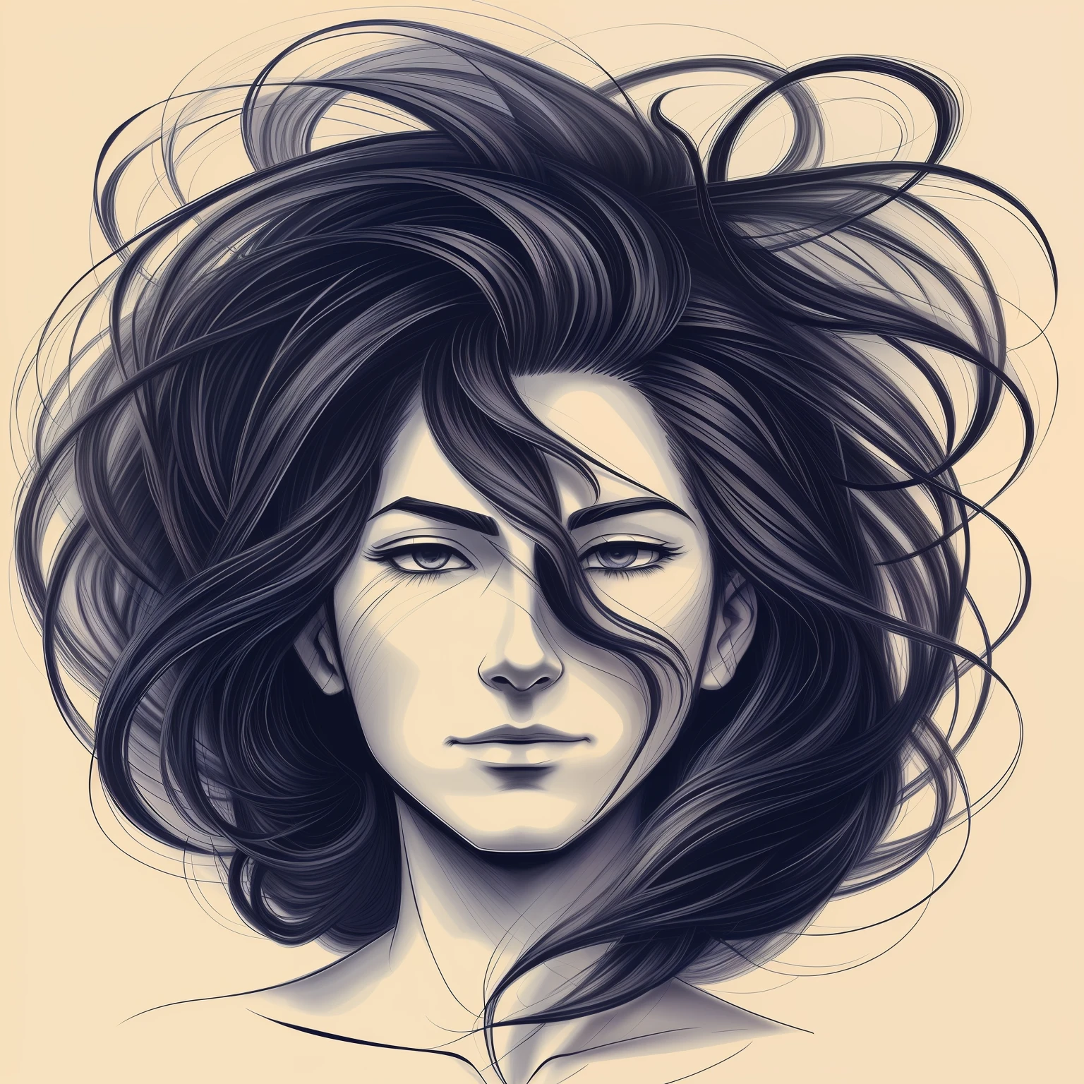 arafed drawing of a man with a long hair, hair flowing, scribble art, his hair moves with the wind, hair in wind, the hair reaches the ground, wind in hair, weird scribbles, artistic illustration, fractal human silhouette, hair fluttering in the wind, woman made of black flames, scribble sketch, wind blowing hair