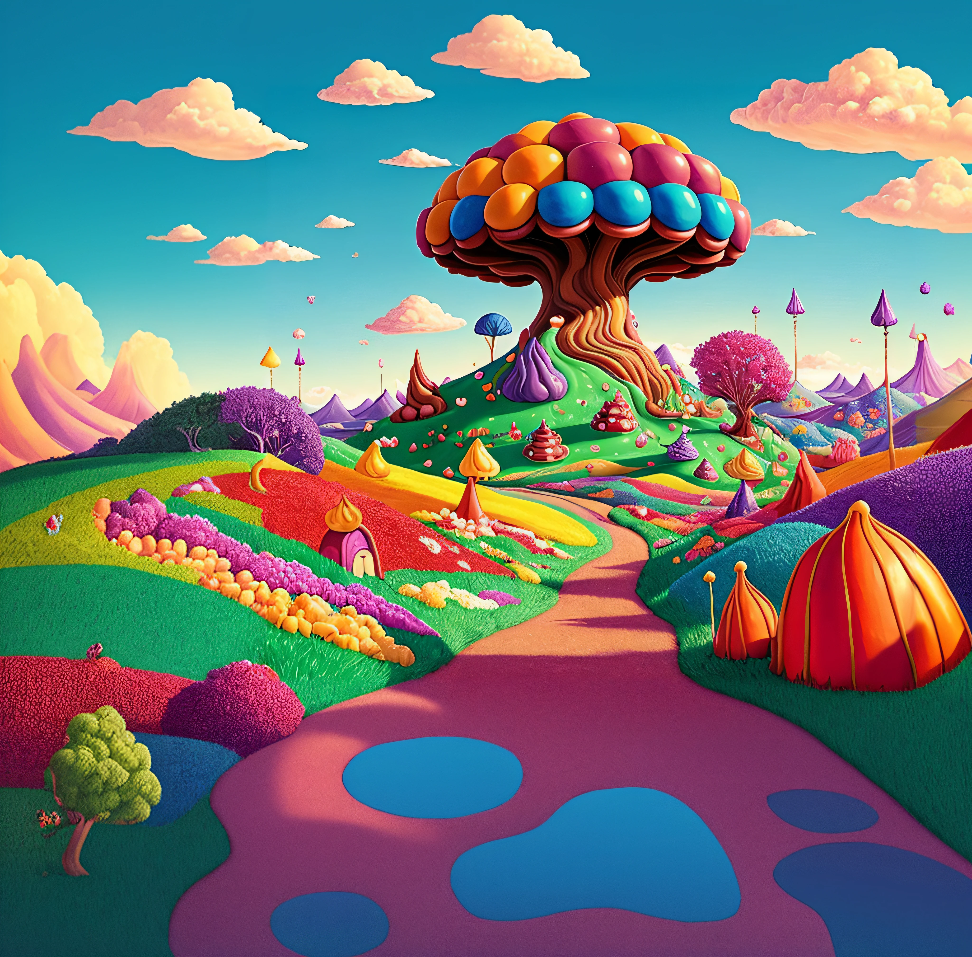 A brightly colored cartoon landscape with a tree and a road, psychedelic illustration, Psychedelic landscape, inspirado por Jacek Yerka, Colorful illustration, Bosque de dulces, surreal psychedelic design, psychedelic art style, psychedelic surreal art, whimsical and psychedelic, Arte trippy, Arte conceptual colorido, a beautiful artwork illustration, Psychedelic retro illustration, whimsical fantasy landscape art, Jen Bartel, Colorful illustration