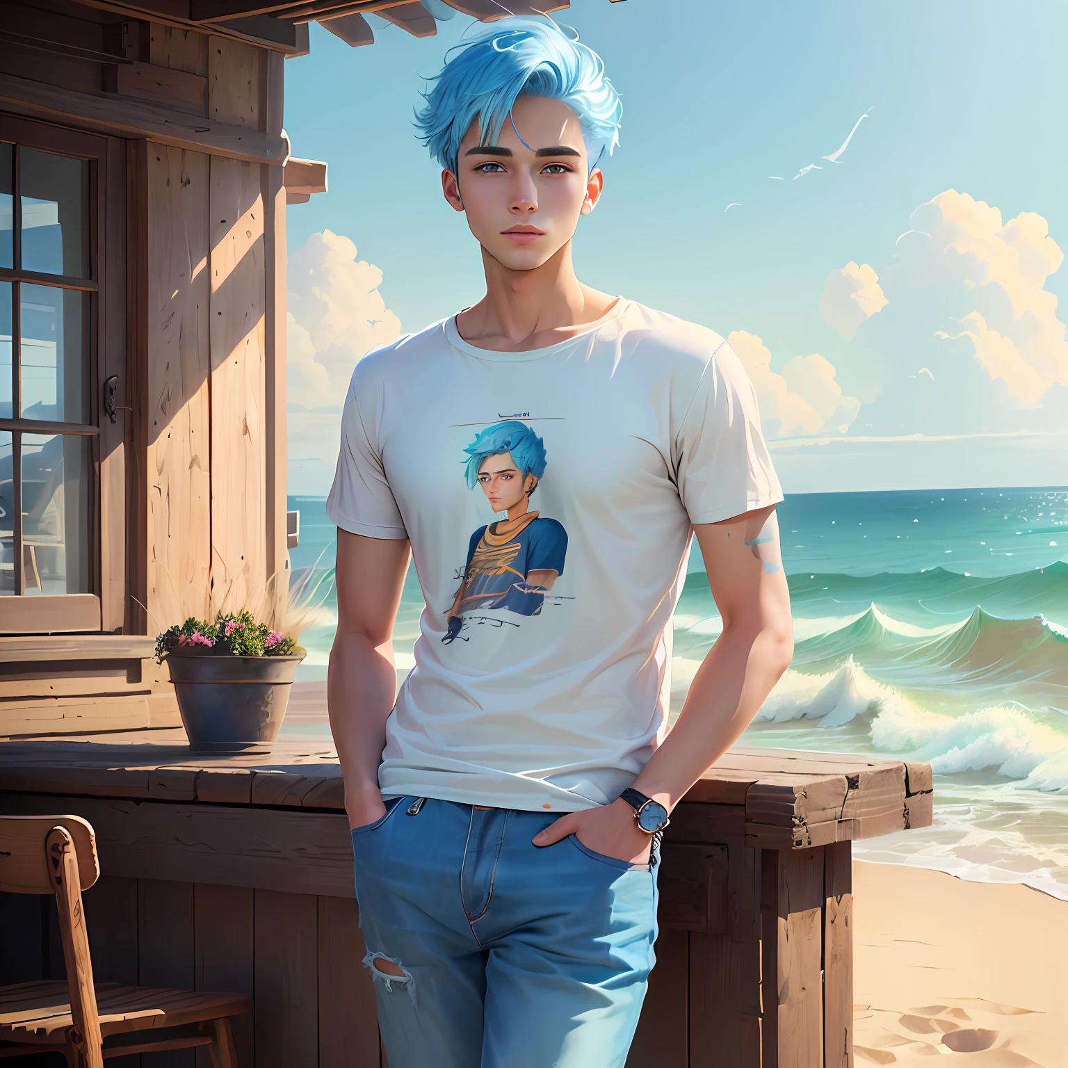 eyes with brightness, shaggy, Furry male cat, Blue-white fur for men, blue color eyes, Bluish blue hair,Black shorts and shorts,CasualClothing,Young style,handsome, There is a tail,