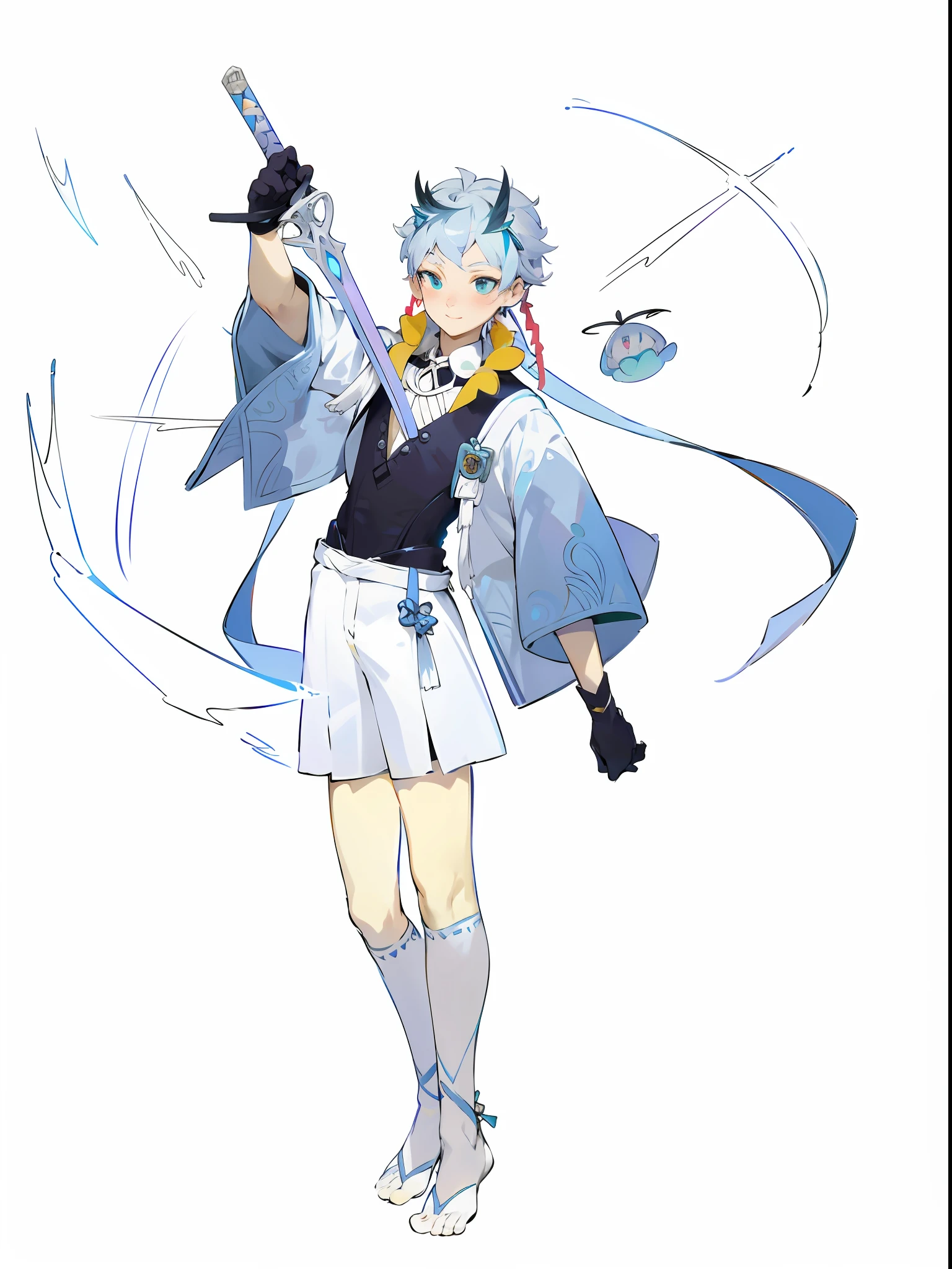 {best qualityer}, {{tmasterpiece}}, {Extremely Delicately Beautiful},Excellent light and shadow,Extremely detailed wallpapers,snowy night,Libido boy,Blushlush,Strong sunshine,Ice blue kimono Haori,Bare legged,Exquisite Hair,Black silk tights,black glove,Hold a sword in your right hand,Ice magic,Chest pull,Long Earings,Emerald pupils,White hair,Closed-toe socks,Anime characters,Tall anime guy with blue eyes,onmyoji,Snow Boy,Near future